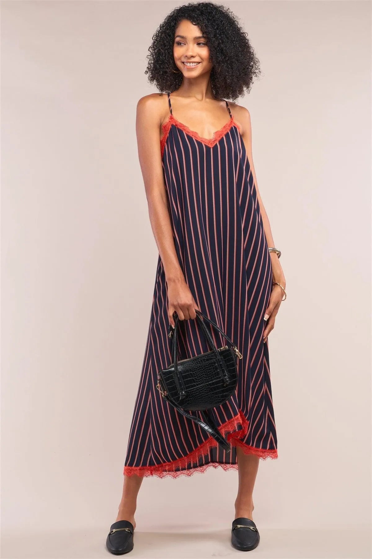 Navy Striped V-Neck Red Lace Trim Racerback Midi Slip Dress /1-2-3-1 - Tasha Apparel Wholesale