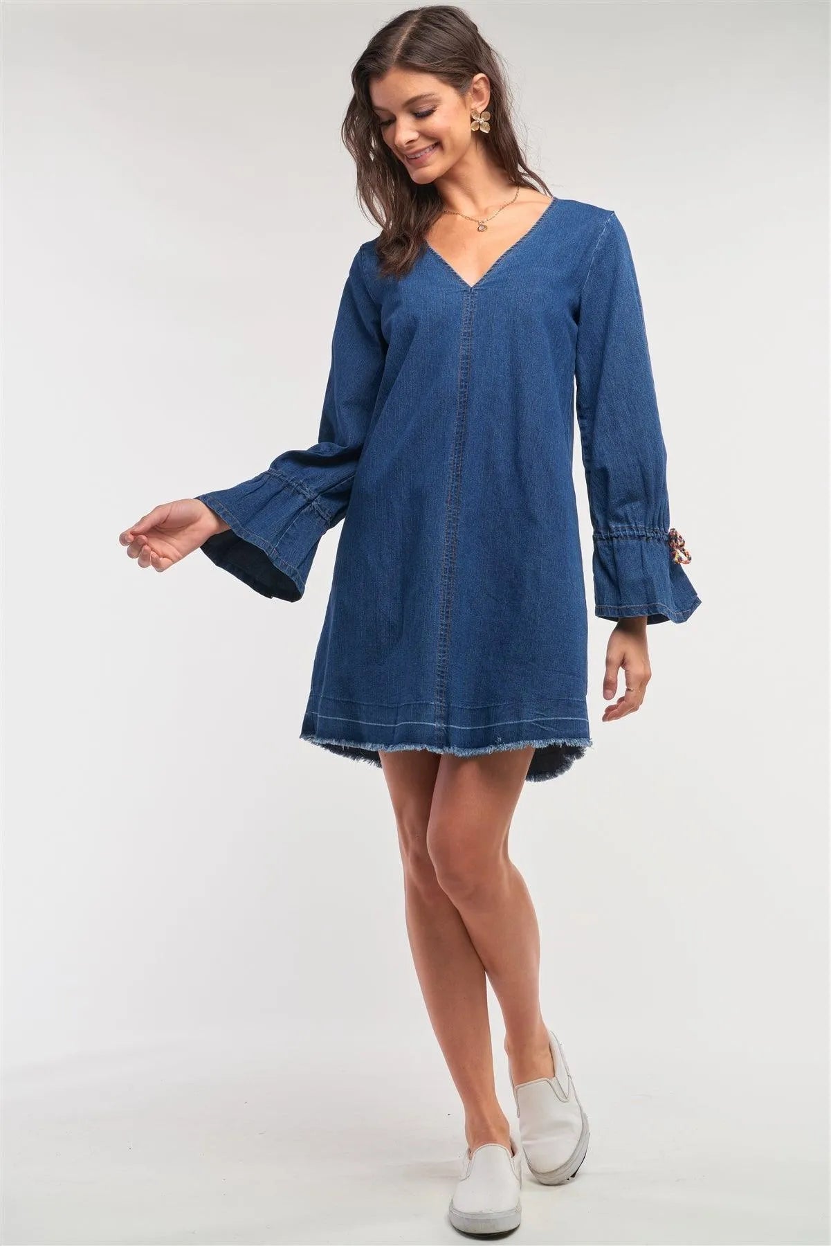 Dark Denim V-Neck Flare Hem Long Sleeve Multi Color Lace Detail Mini Dress /3-2 - Tasha Apparel Wholesale