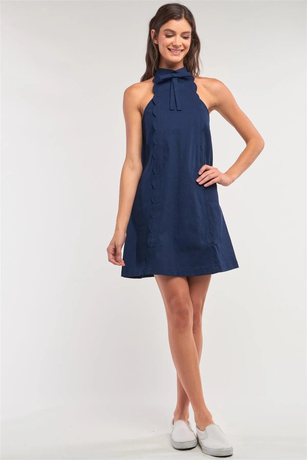 Navy Sleeveless Bow Halter Neck Scallop Hem Detail Denim Mini Dress /1-2-1 - Tasha Apparel Wholesale