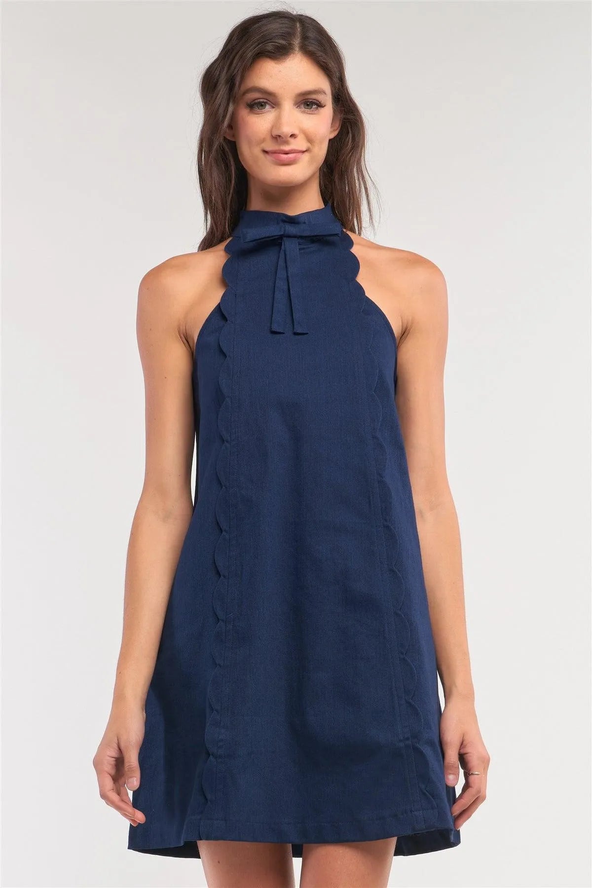 Navy Sleeveless Bow Halter Neck Scallop Hem Detail Denim Mini Dress /1-2-2-1 - Tasha Apparel Wholesale