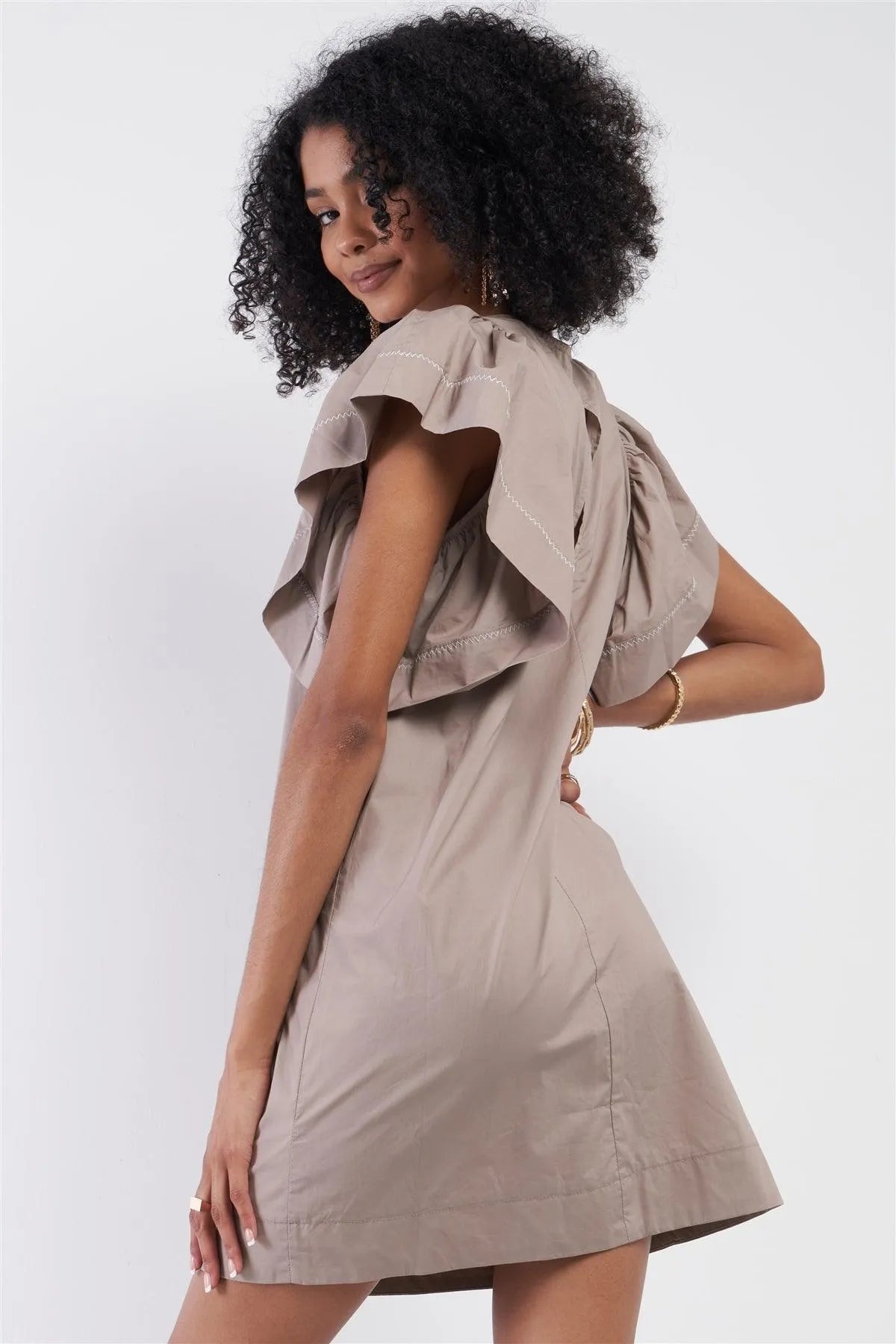 Mocha Relax Fit White Stitch Wing Sleeve Round Neck Mini Dress /3-3 - Tasha Apparel Wholesale