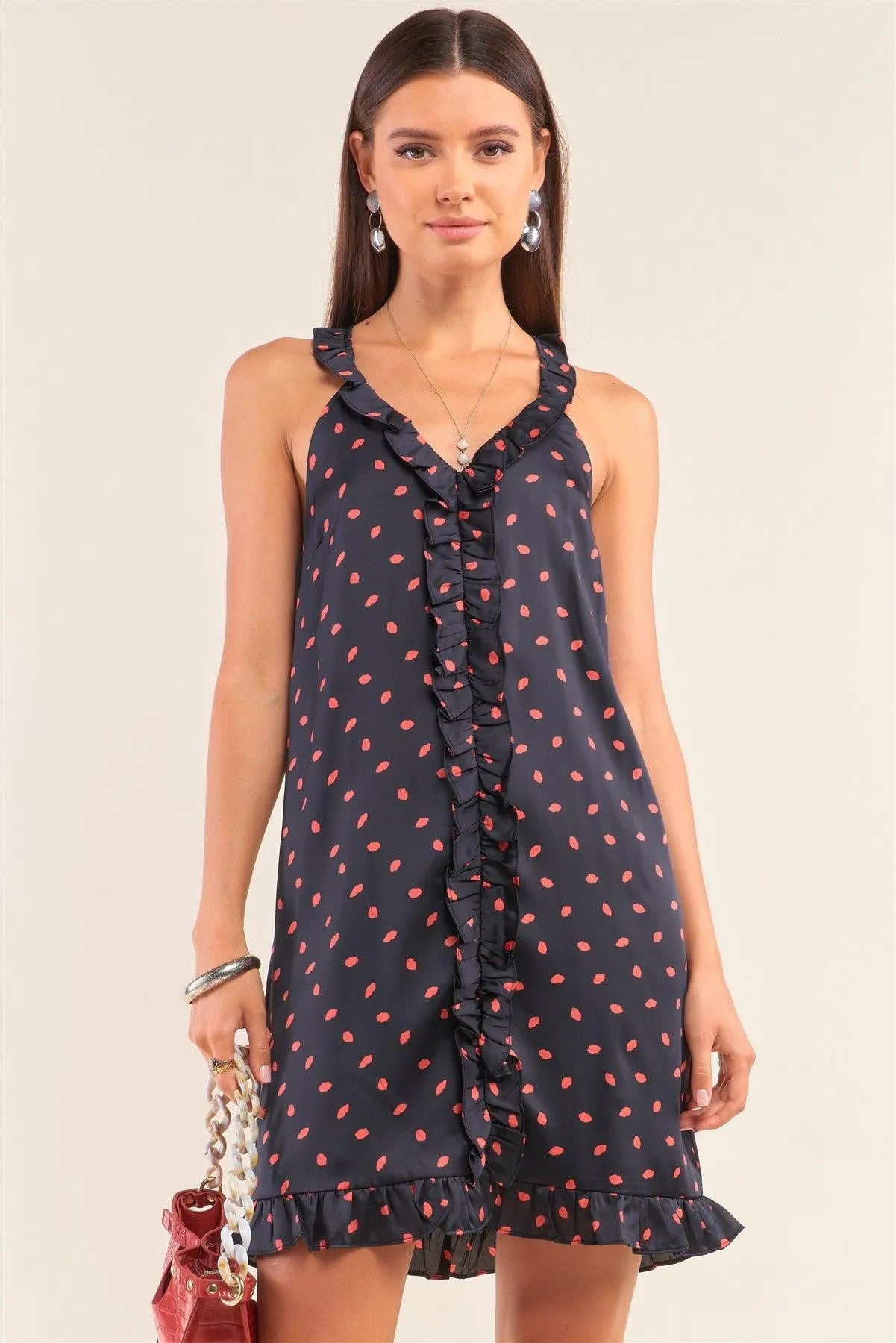 Kiss Away Black Satin Sleeveless V-Neck Lip Print Ruffle Detail Razor Back Mini Dress /2-3-1-1 - Tasha Apparel Wholesale