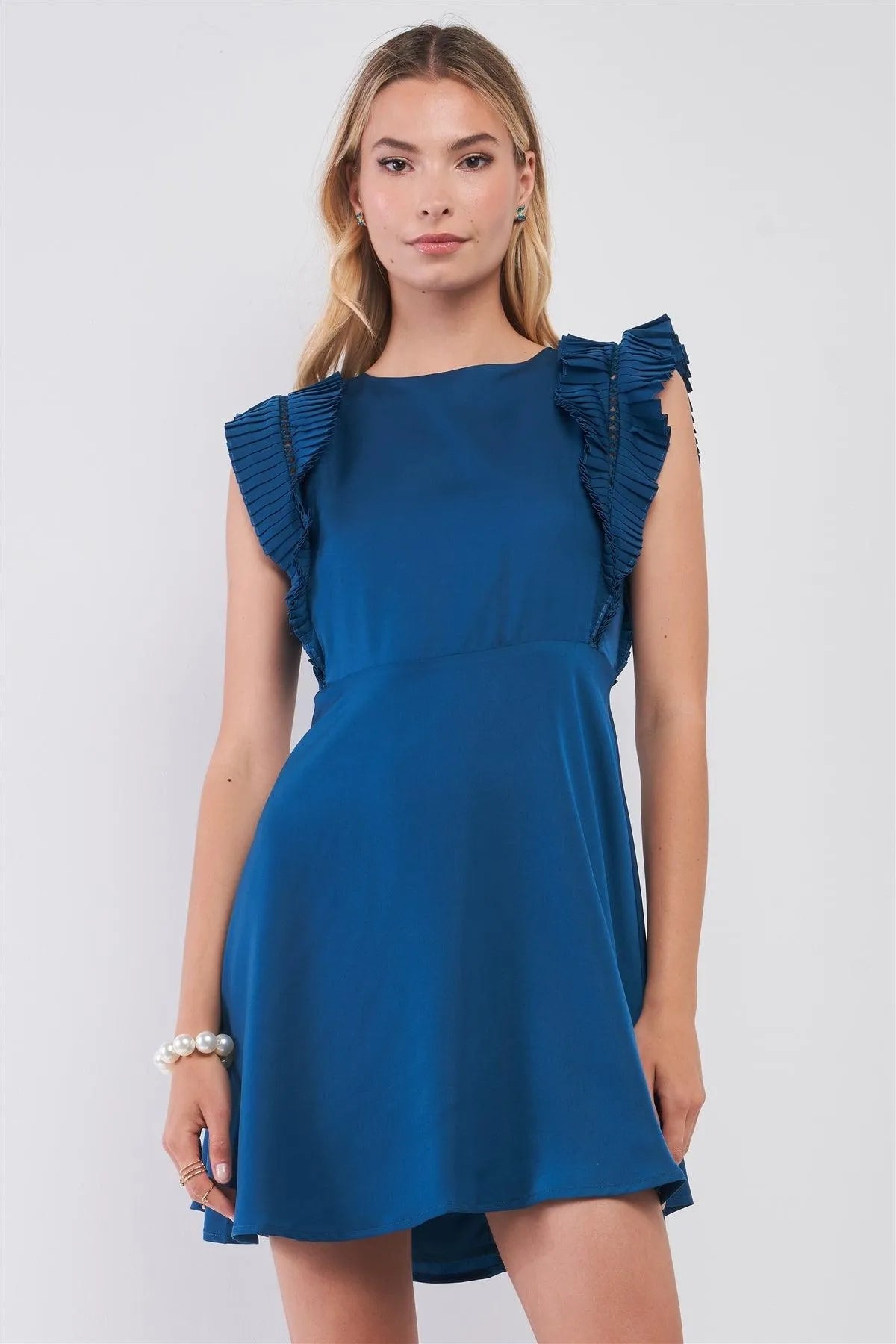 Teal Satin Sleeveless Crew Neck Pleated Shoulder Detail Mini Dress /1-2-2-1 - Tasha Apparel Wholesale