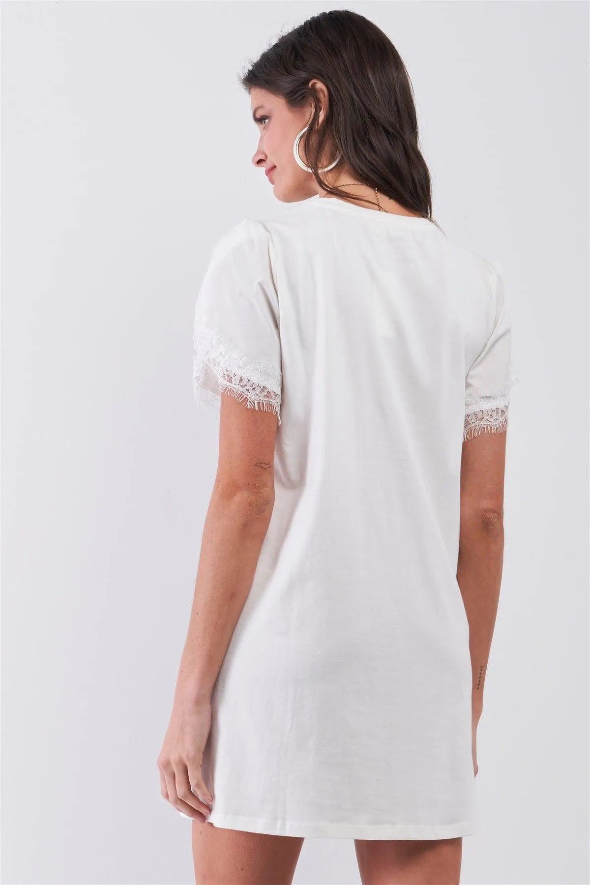 White Short Lace Hem Sleeve Round Neck Chest Pocket Detail Tunic Shirt Mini Dress /1-3-1 - Tasha Apparel Wholesale