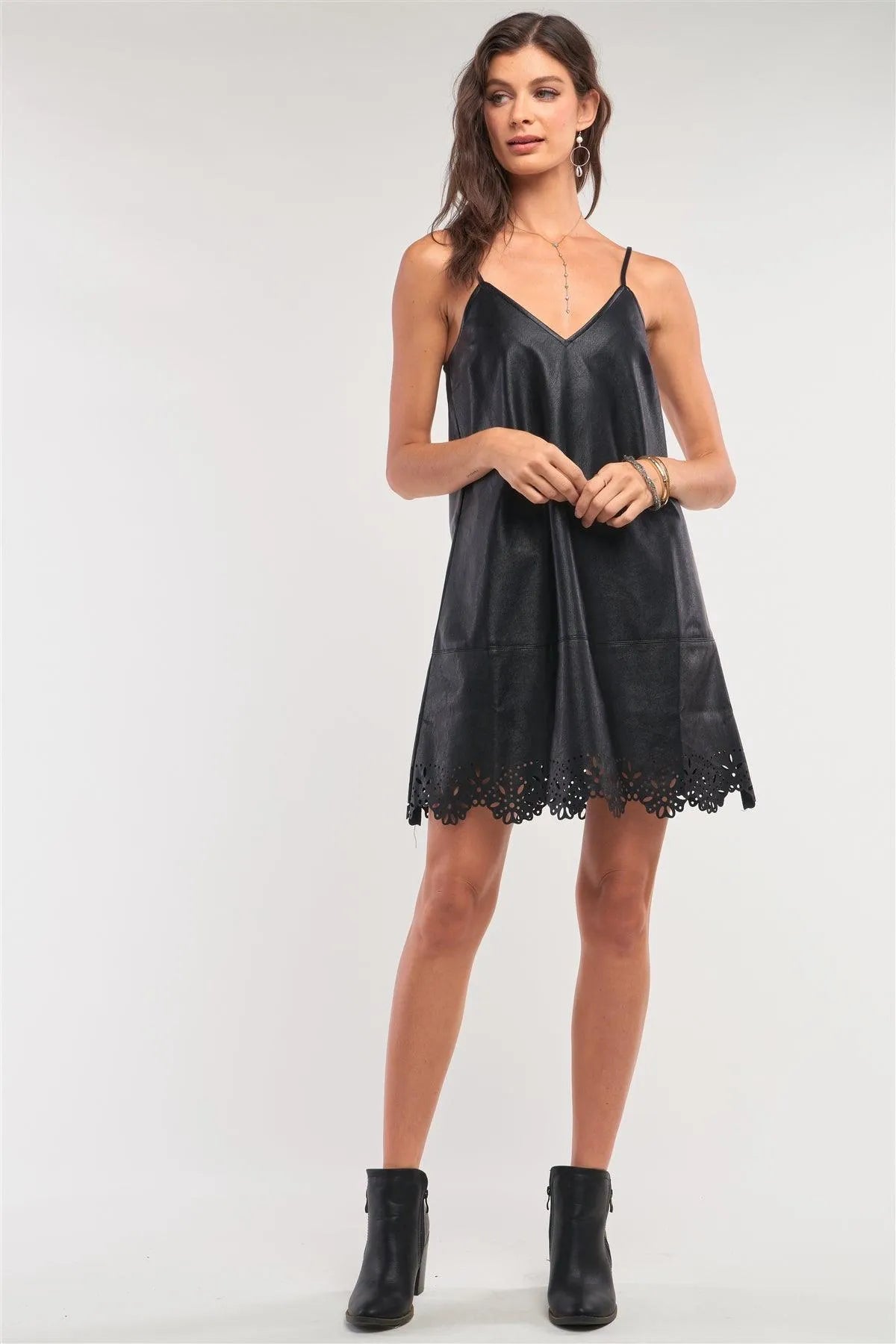 Black Vegan Leather V-Neck Stitch Detail Laser Cut Out Flounce Mini Dress /1-2-2-1 - Tasha Apparel Wholesale