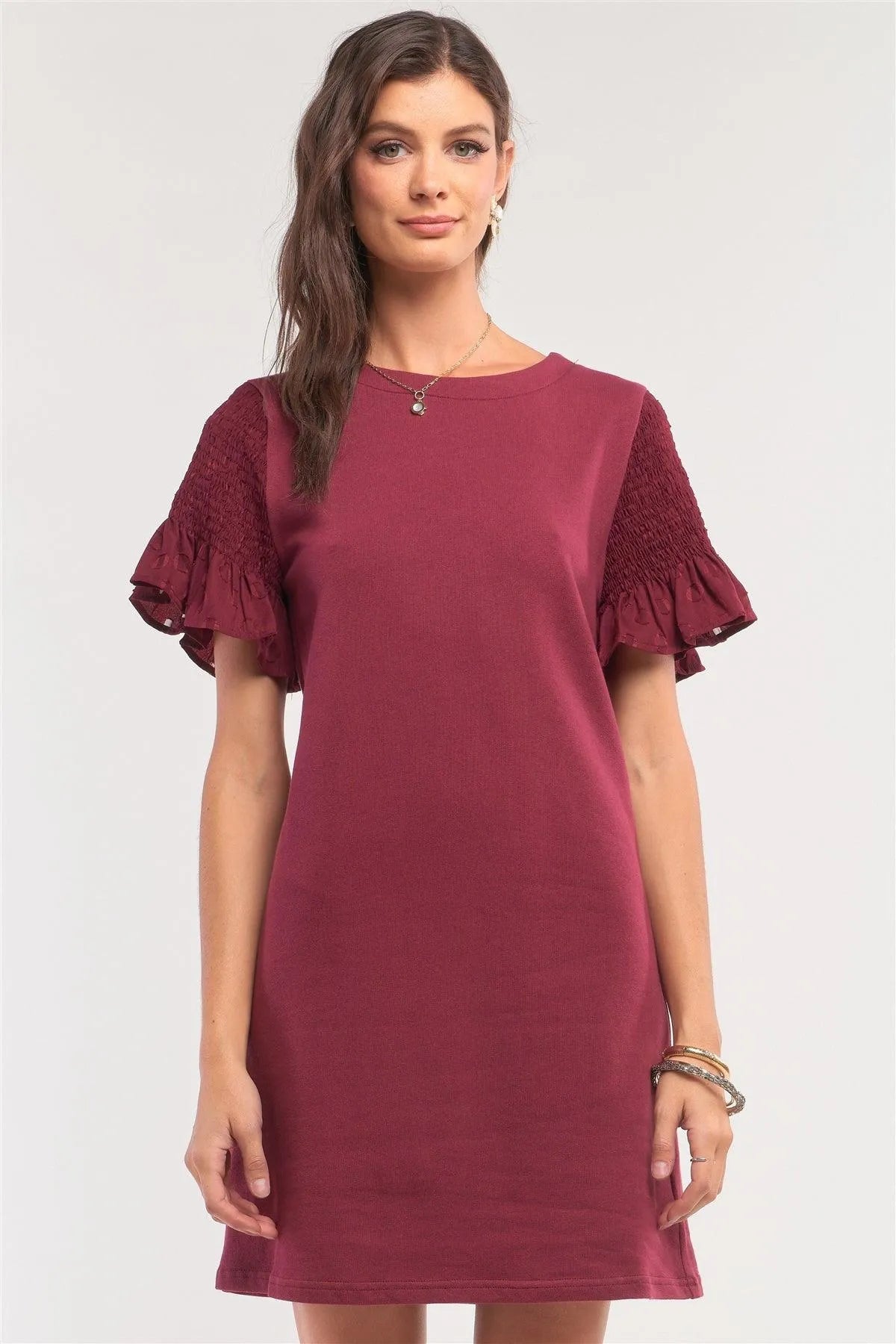 Burgundy Round Neck Smock Short Sleeve Mesh Frill Detail Tunic Mini Dress /1-2-2 - Tasha Apparel Wholesale