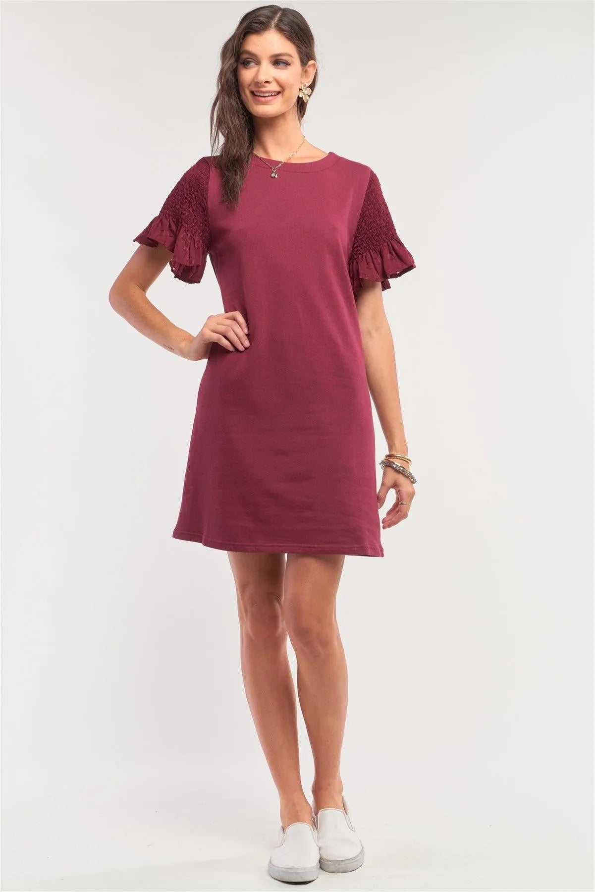 Burgundy Round Neck Smock Short Sleeve Mesh Frill Detail Tunic Mini Dress /1-2-2-1 - Tasha Apparel Wholesale