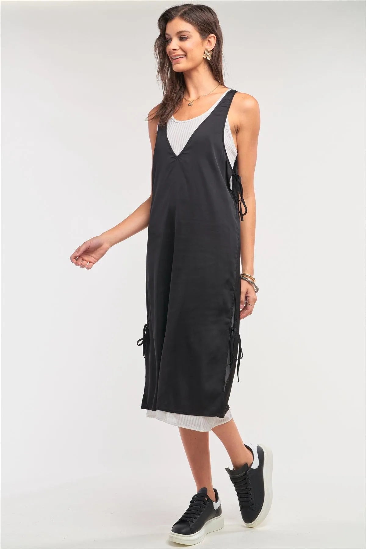 Black&White Satin Sleeveless Two-In-One Striped Mesh Self-Tie Detail Slip Midi Dress /1-2-2-1 - Tasha Apparel Wholesale