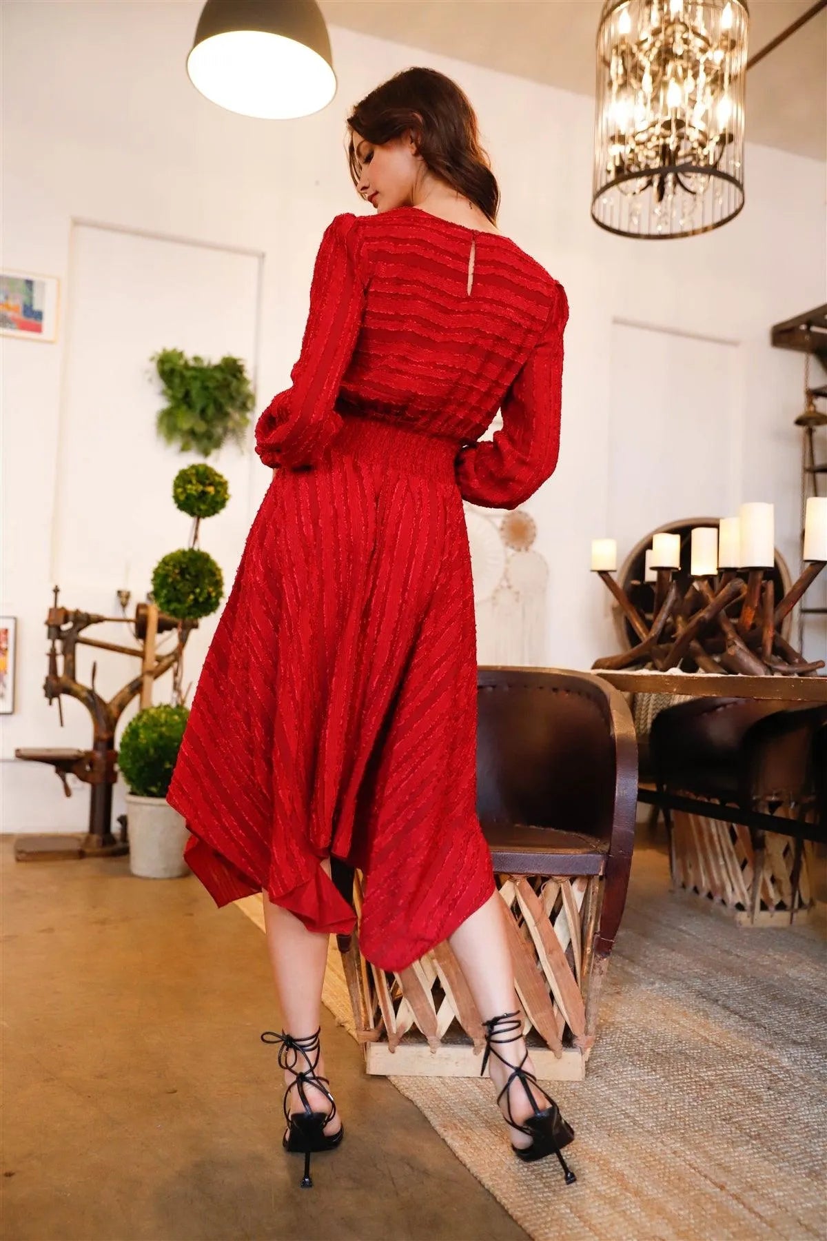 Burgundy Striped Textured Smocked Waist Uneven Hem Midi Dress /1-2-2-1 - Tasha Apparel Wholesale