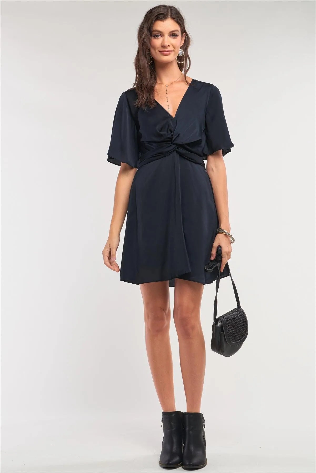 Jade Black Satin Plunging Neckline Gathered Twist Detail Front Angel Sleeve Mini Dress /1-2-2-1 - Tasha Apparel Wholesale