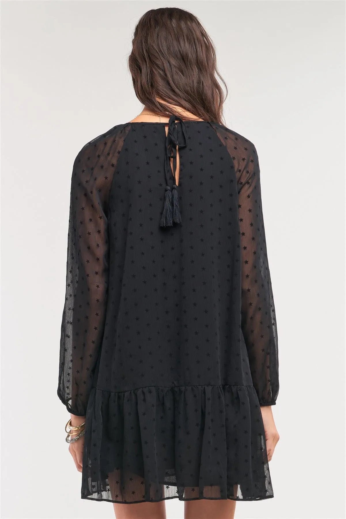Black Relaxed Fit Mesh Star Brand Flare Hem Crew Neck Long Balloon Sleeve Mini Dress /1-2-3 - Tasha Apparel Wholesale