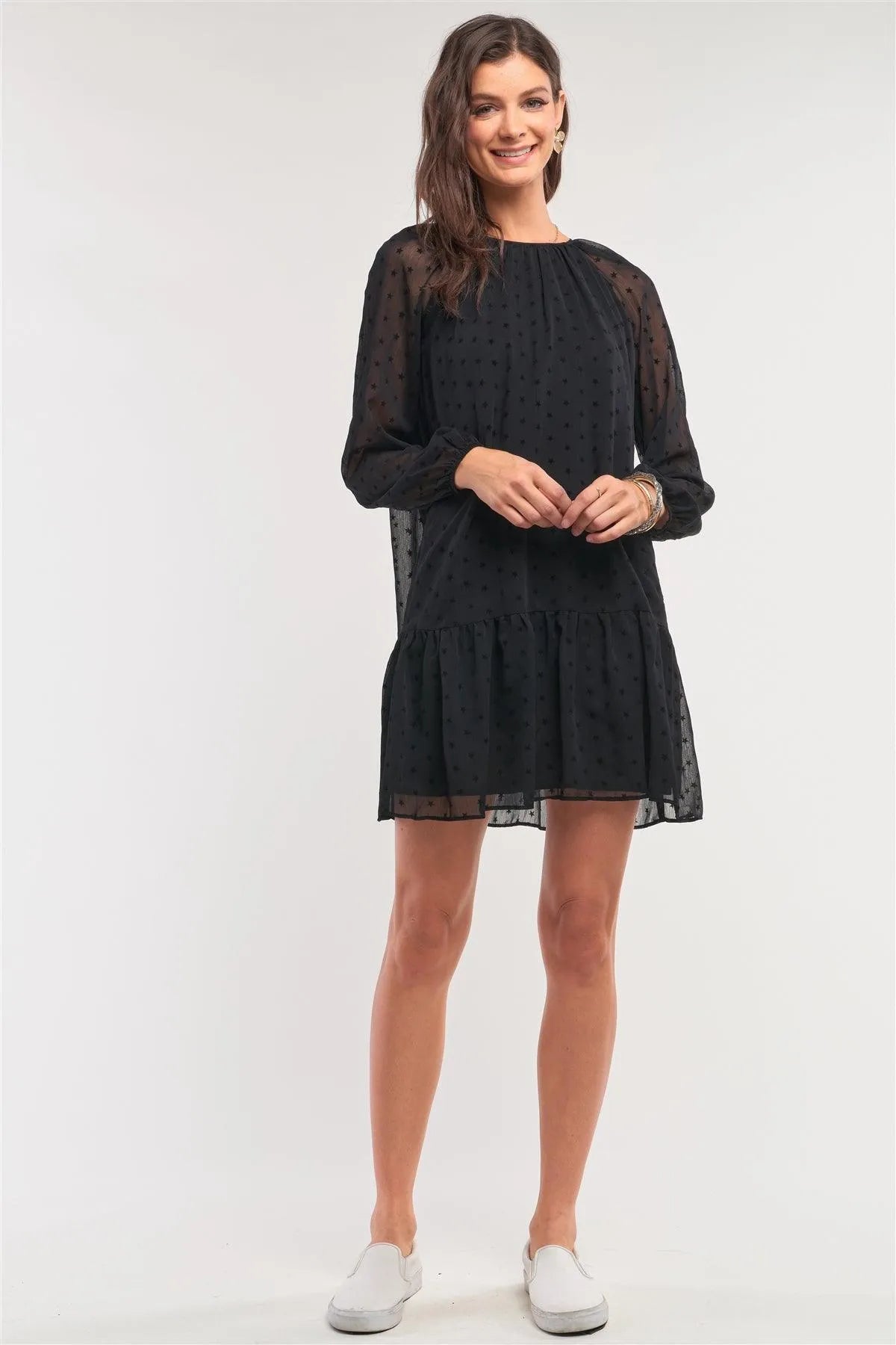 Black Relaxed Fit Mesh Star Brand Flare Hem Crew Neck Long Balloon Sleeve Mini Dress/1-3-2-1 - Tasha Apparel Wholesale