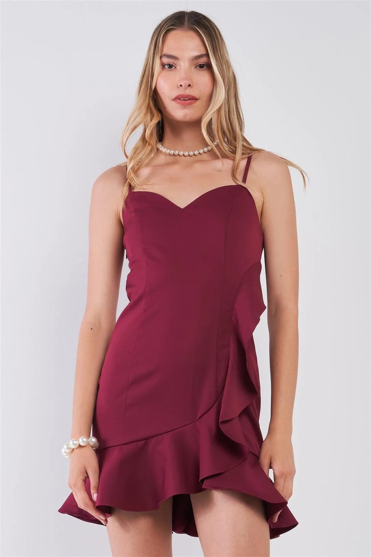 Burgundy Sleeveless Sweetheart Neck Ruffle Trim Wrap Mini Dress /3-2 - Tasha Apparel Wholesale
