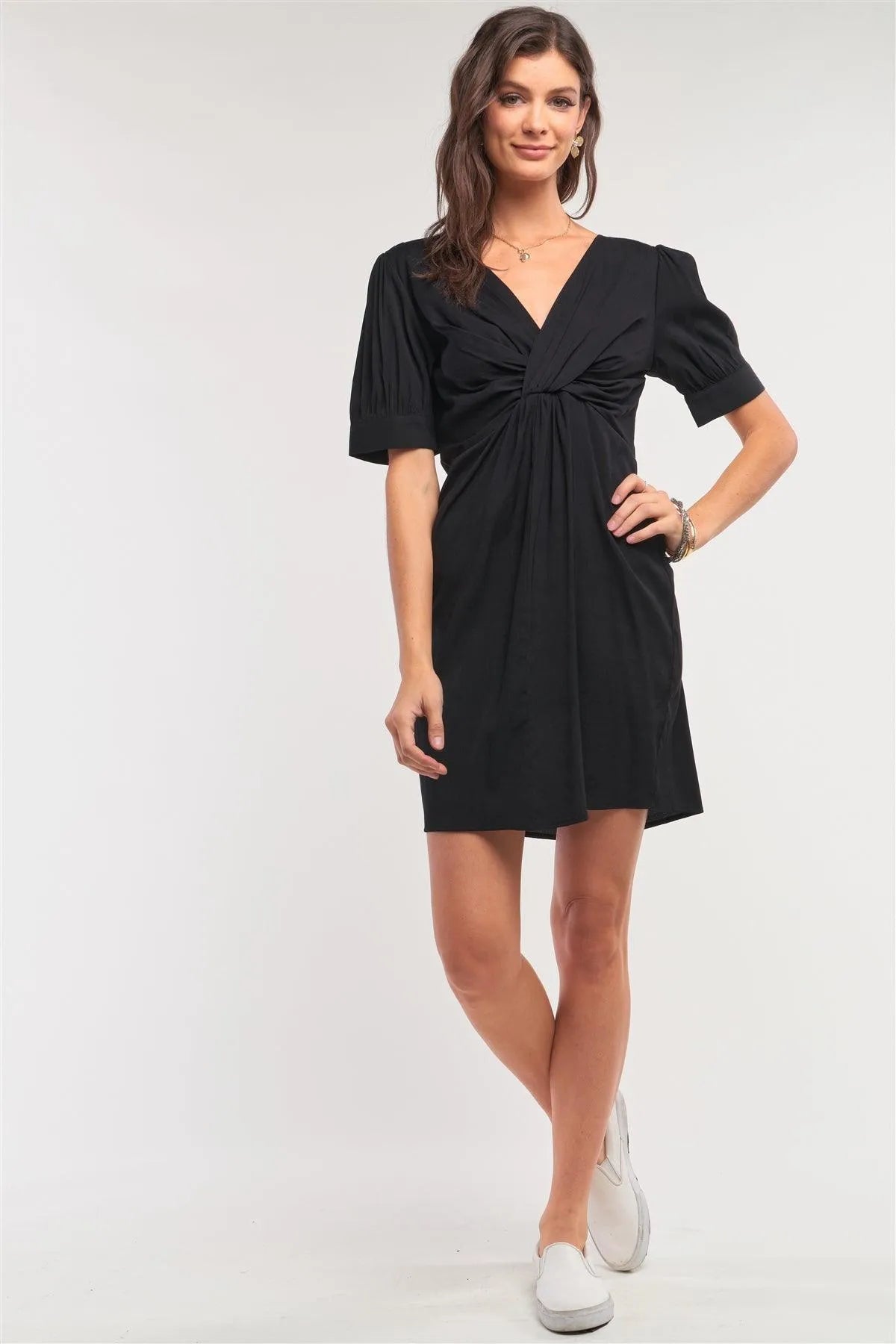 V-Neck Twist Front Detail Mini Dress /1-2-2-1 - Tasha Apparel Wholesale