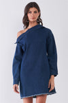 Medium Blue Denim Lapeled One-Shoulder Detail Long Sleeve Raw Hem Mini Dress