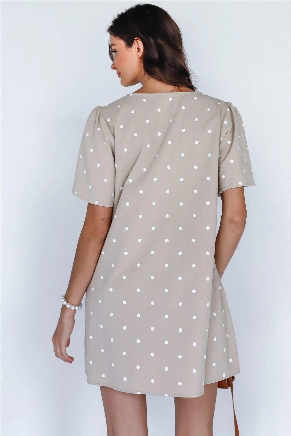 Beige & White Polka Dot Cotton Flare Short Sleeve Dress - Tasha Apparel Wholesale