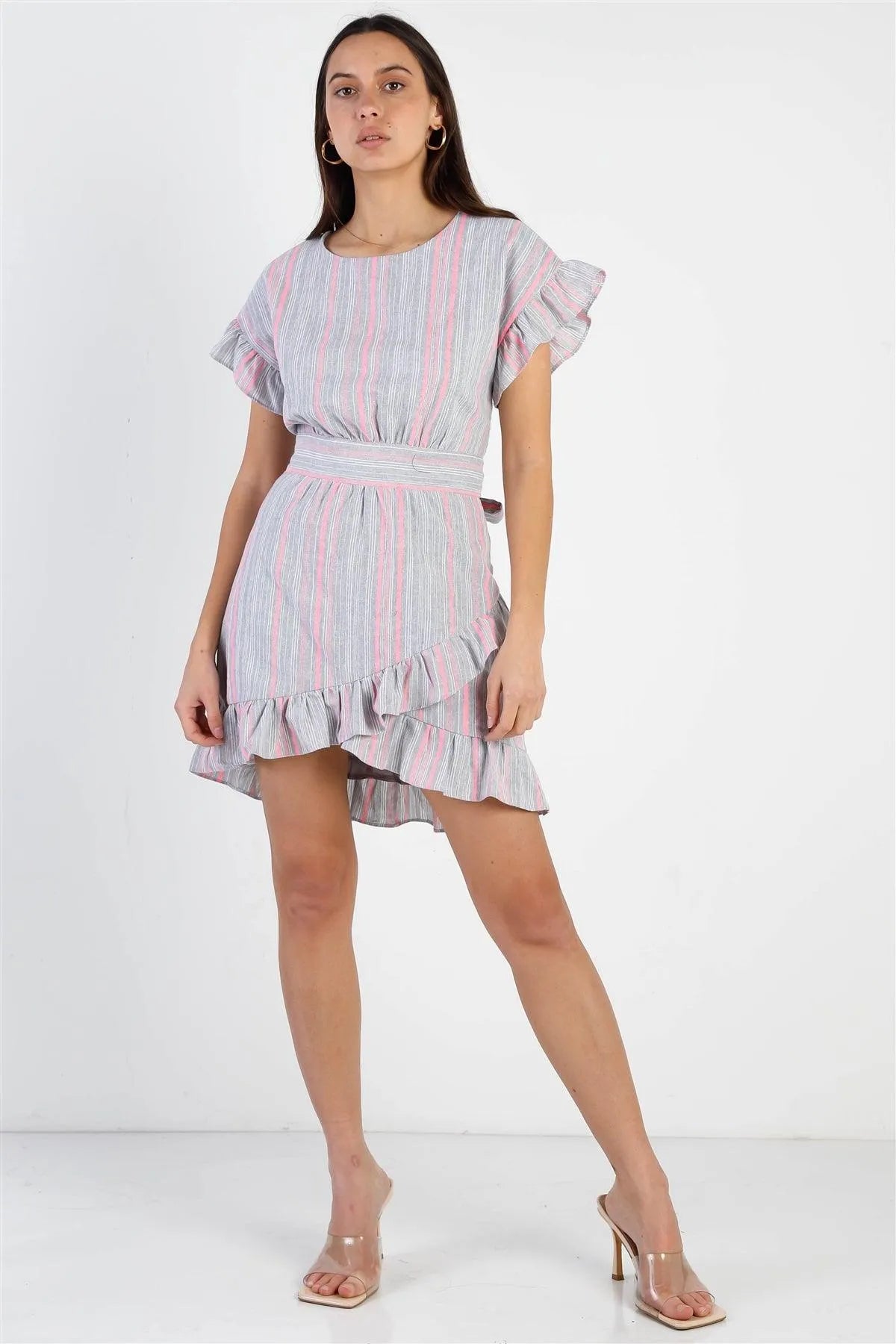 Striped Ruffle Sleeve Flare Hem Self Tie Mini Dress - Tasha Apparel Wholesale