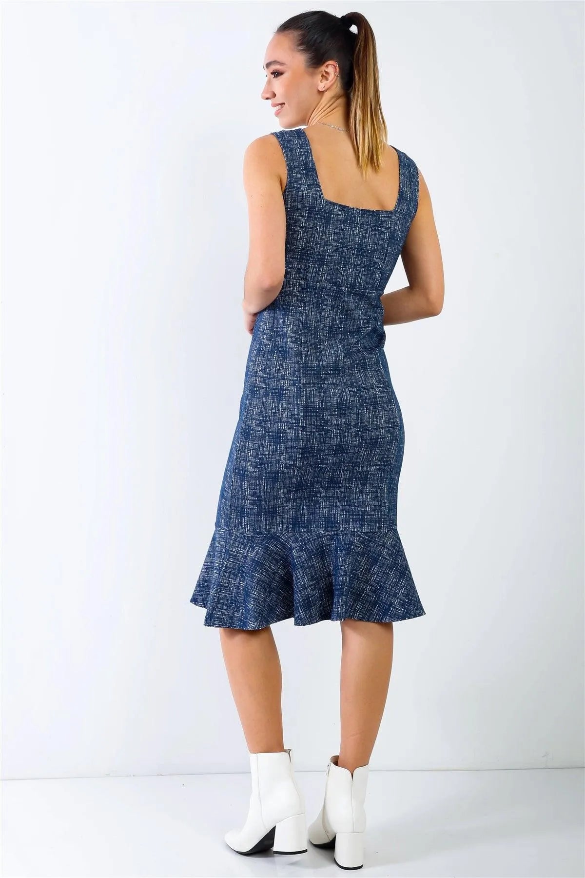 Navy Textured Print Flare Hem Sleeveless Bodycon Midi Dress /1-2-2-1 - Tasha Apparel Wholesale