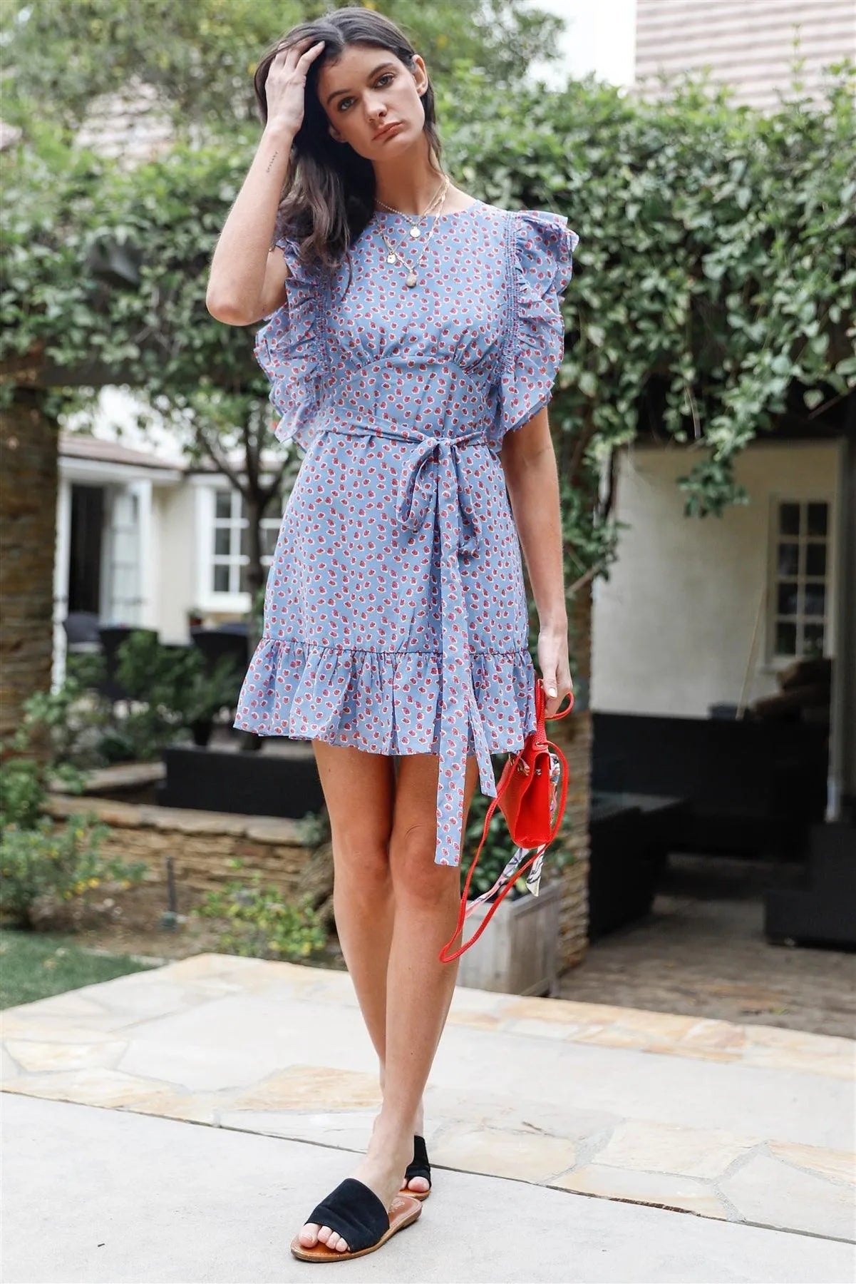 Blue Rose Print Ruffle Trim Self-Tie Belted Mini Dress /1-2-2-1 - Tasha Apparel Wholesale