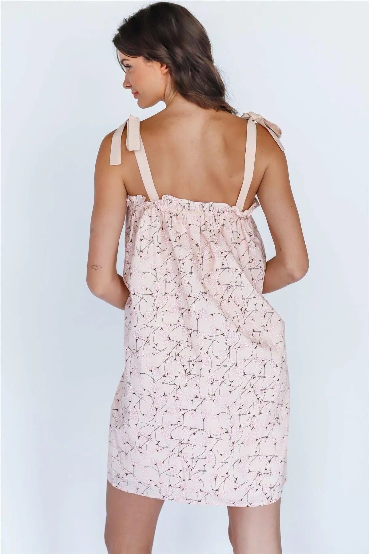 Taupe Floral Print Cotton Self-Tie Strap Mini Dress - Tasha Apparel Wholesale