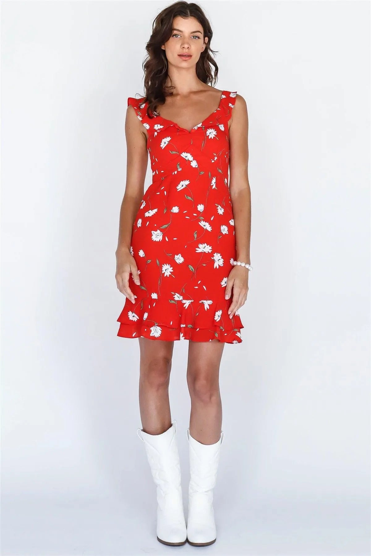 Tomato Red Floral Print Ruffle Trim Mini Dress - Tasha Apparel Wholesale