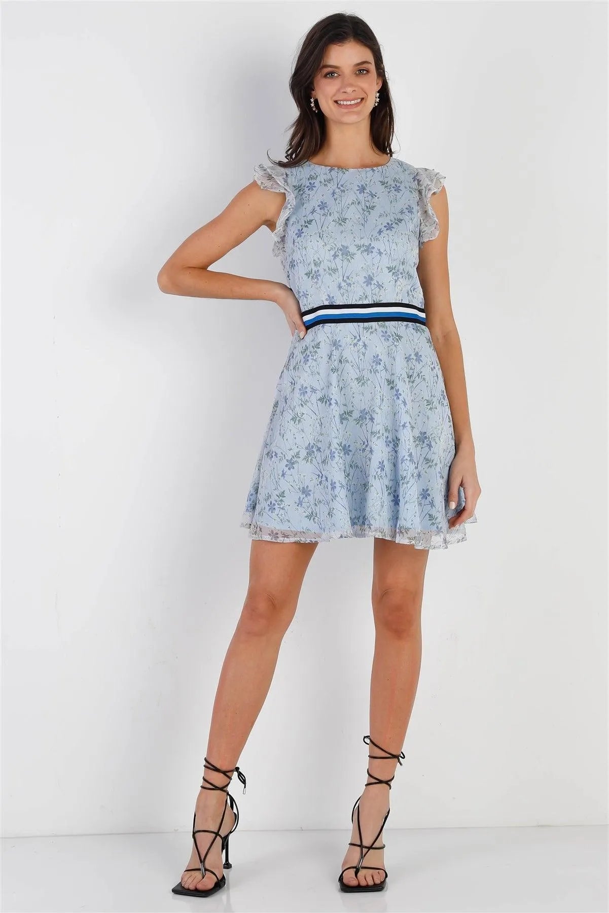 Sky Blue Mesh Floral Print Contrast Stripe Waistband Ruffle Sleeve Mini Dress /1-2-2-1 - Tasha Apparel Wholesale