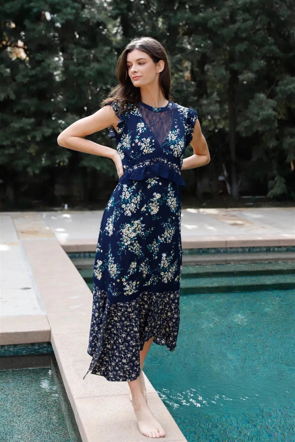 Navy Multi Color Floral Print Lace Trim Details Ruffled Midi Dress /2-1-2-1-1 - Tasha Apparel Wholesale