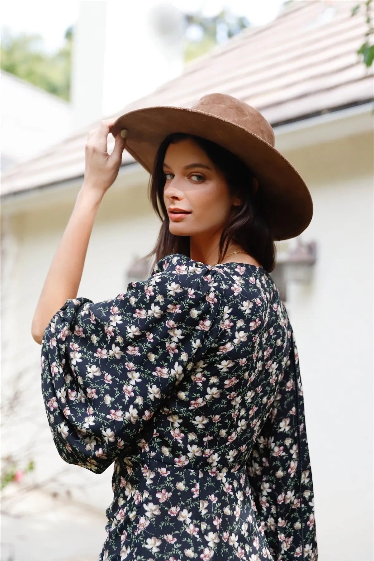 Black Floral Print Ruched Balloon Sleeve Mini Dress - Tasha Apparel Wholesale