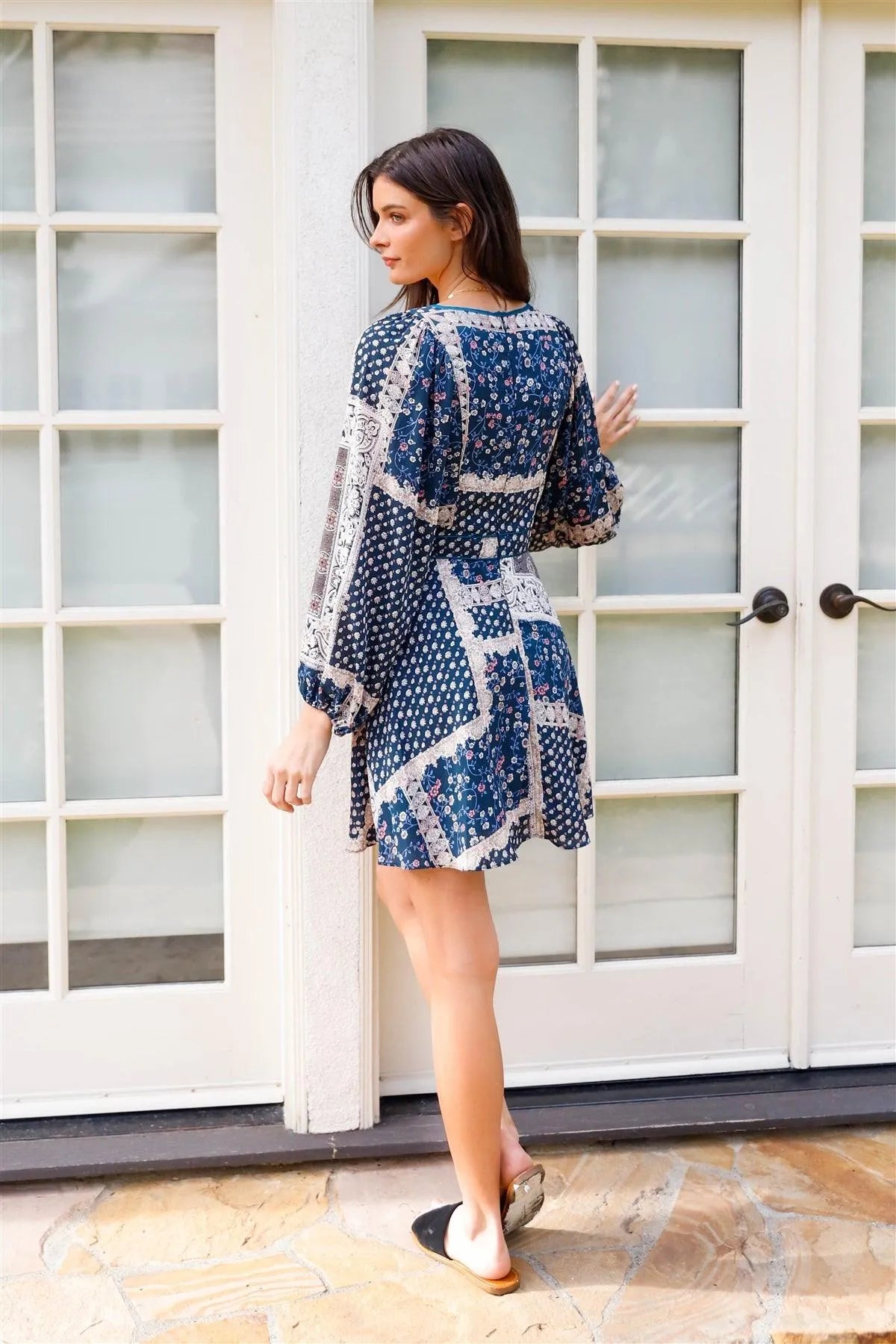 Teal Multi Color Floral & Paisley Print Balloon Long Sleeve Mini Dress /1-1-1-1 - Tasha Apparel Wholesale