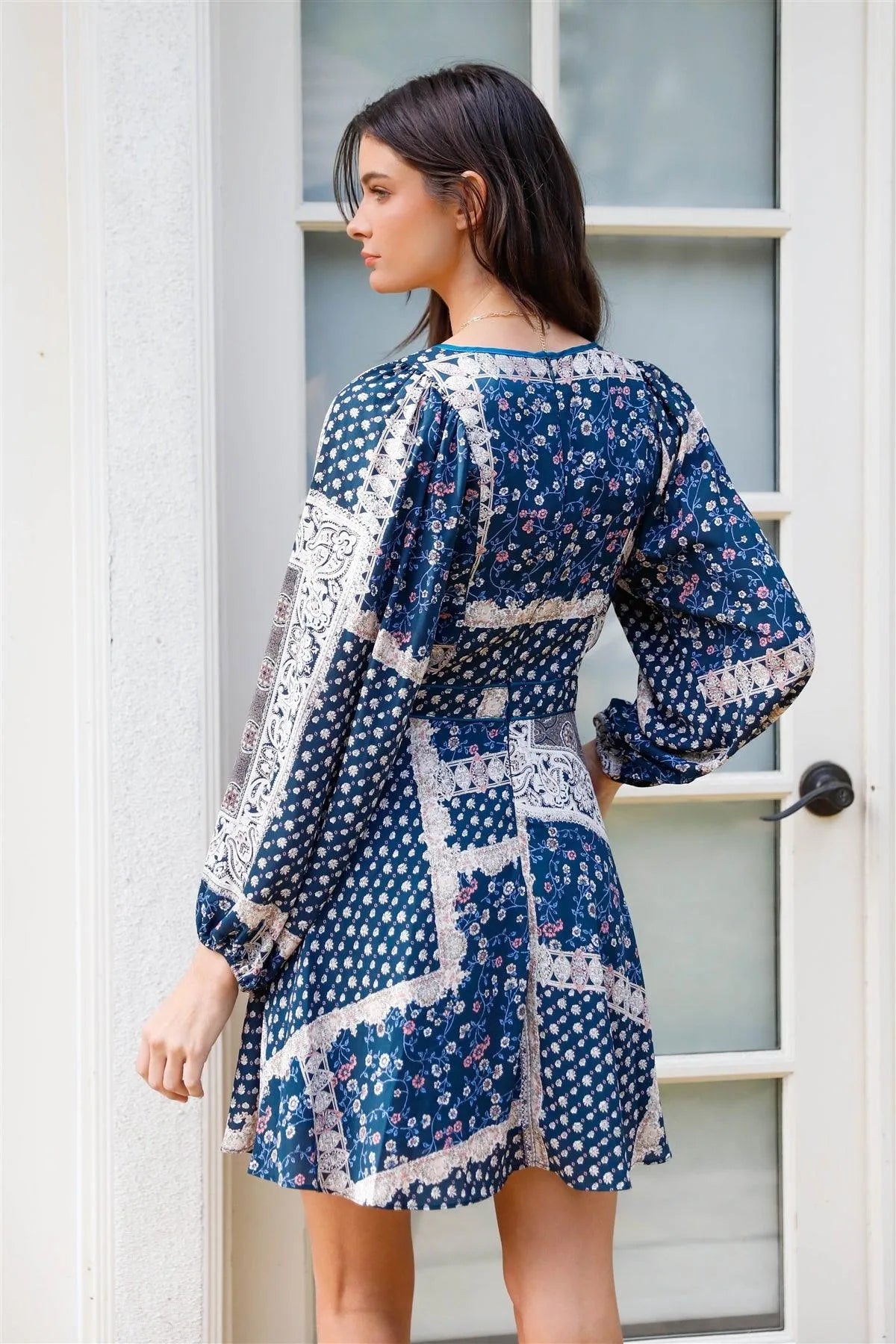 Teal Multi Color Floral & Paisley Print Balloon Long Sleeve Mini Dress /1-2-2-1 - Tasha Apparel Wholesale