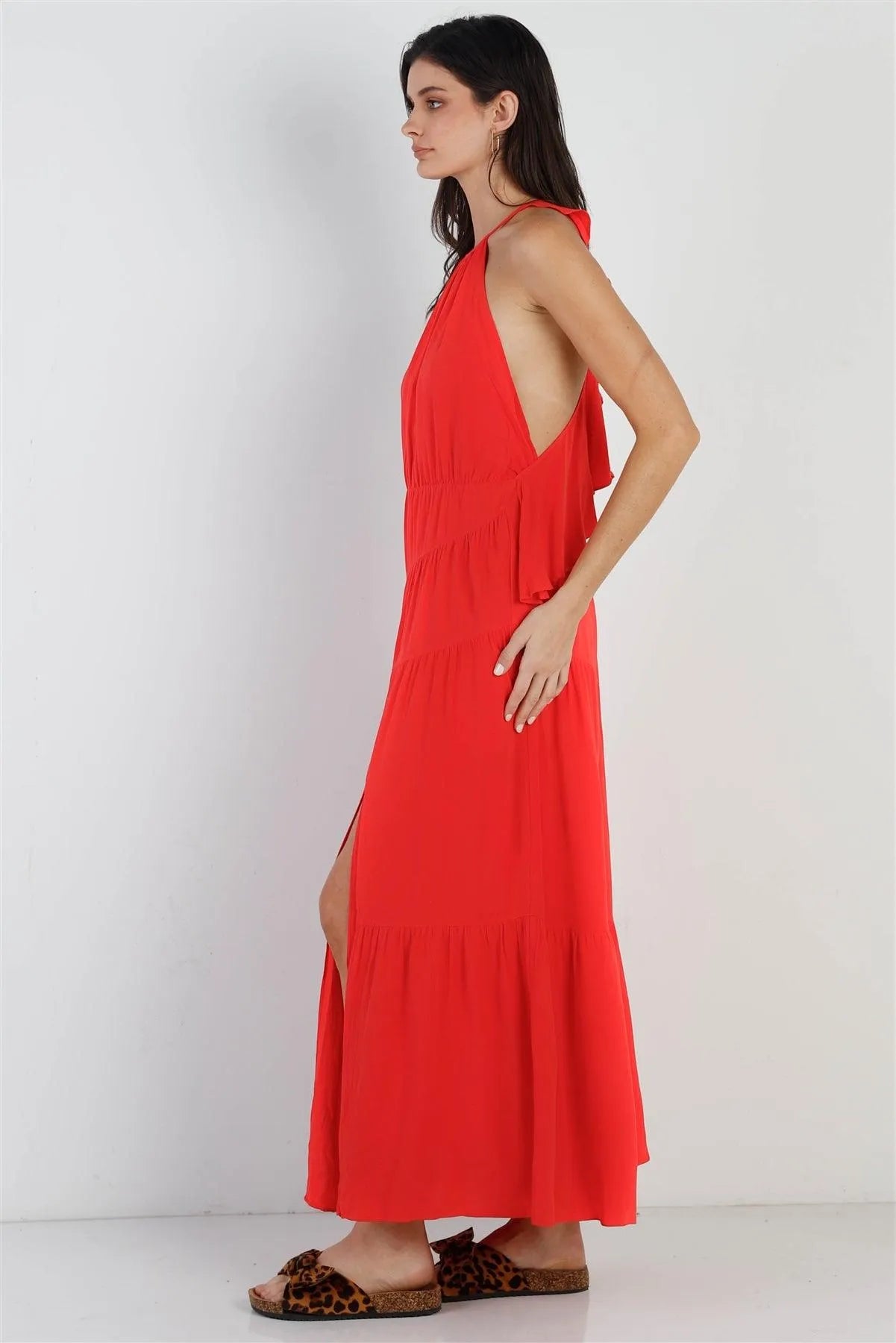 Red Linen Ruffle Criss Cross Back Side Slit Maxi Dress /2-2-2 - Tasha Apparel Wholesale