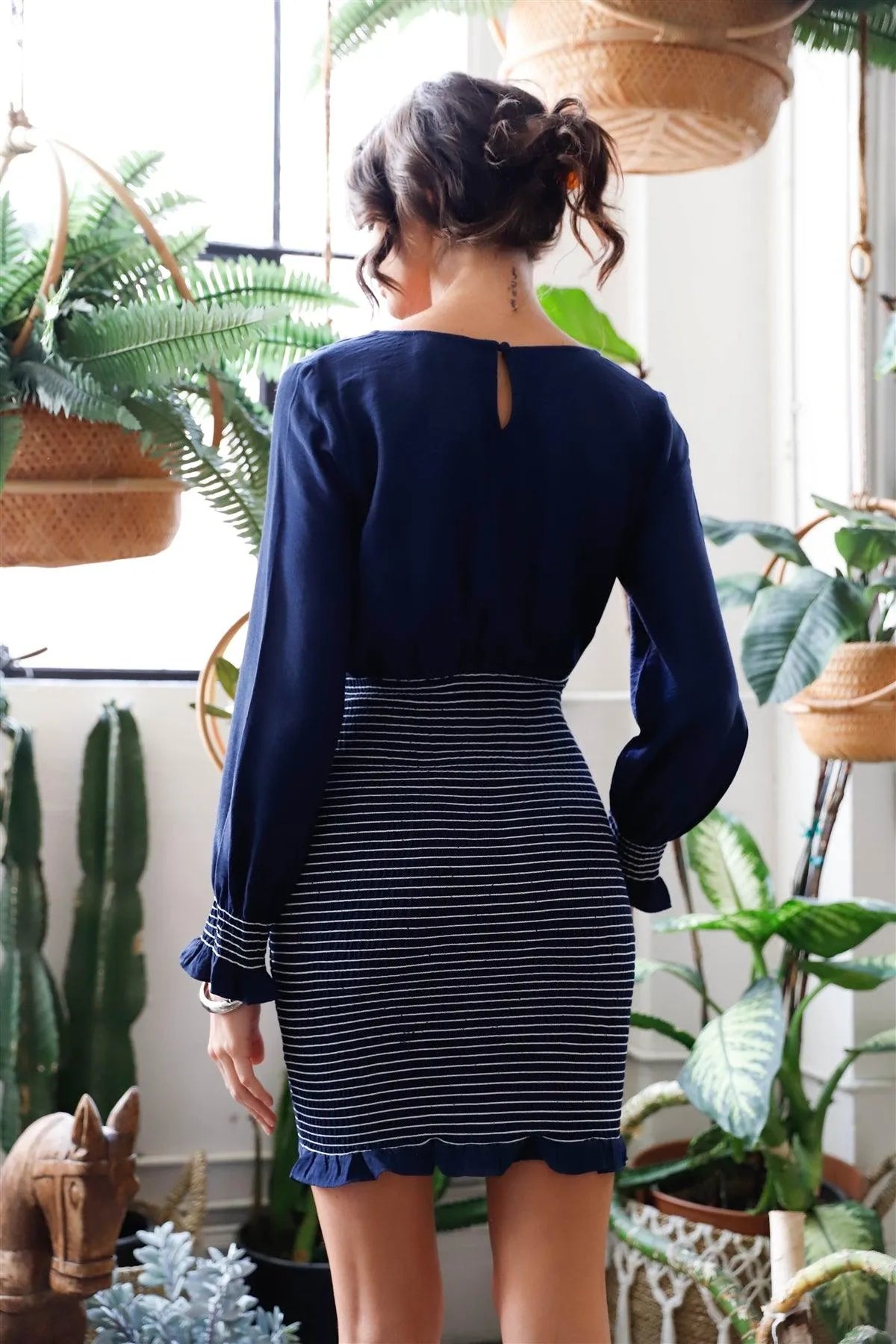 Navy Contrast Stitch Smocked Ruffle V-Neck Mini Dress /1-2-2-1 - Tasha Apparel Wholesale