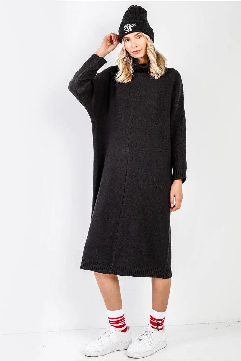 Black Knit Turtleneck Dolman Sleeve Oversized Maxi Dress /1-2-2 - Tasha Apparel Wholesale