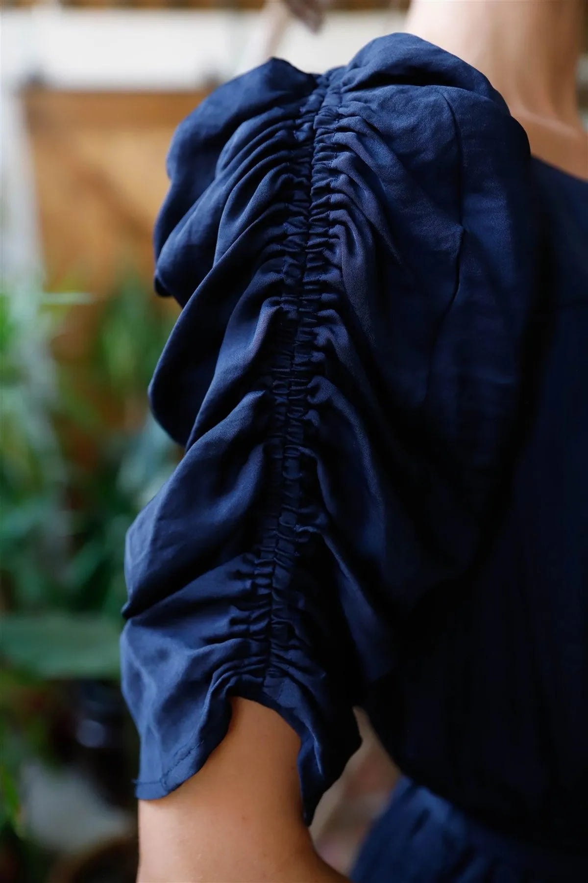 Navy Satin Effect Ruffle Hem Self-Tie Gathered Puff Sleeve Mini Dress /1-2-1-2 - Tasha Apparel Wholesale