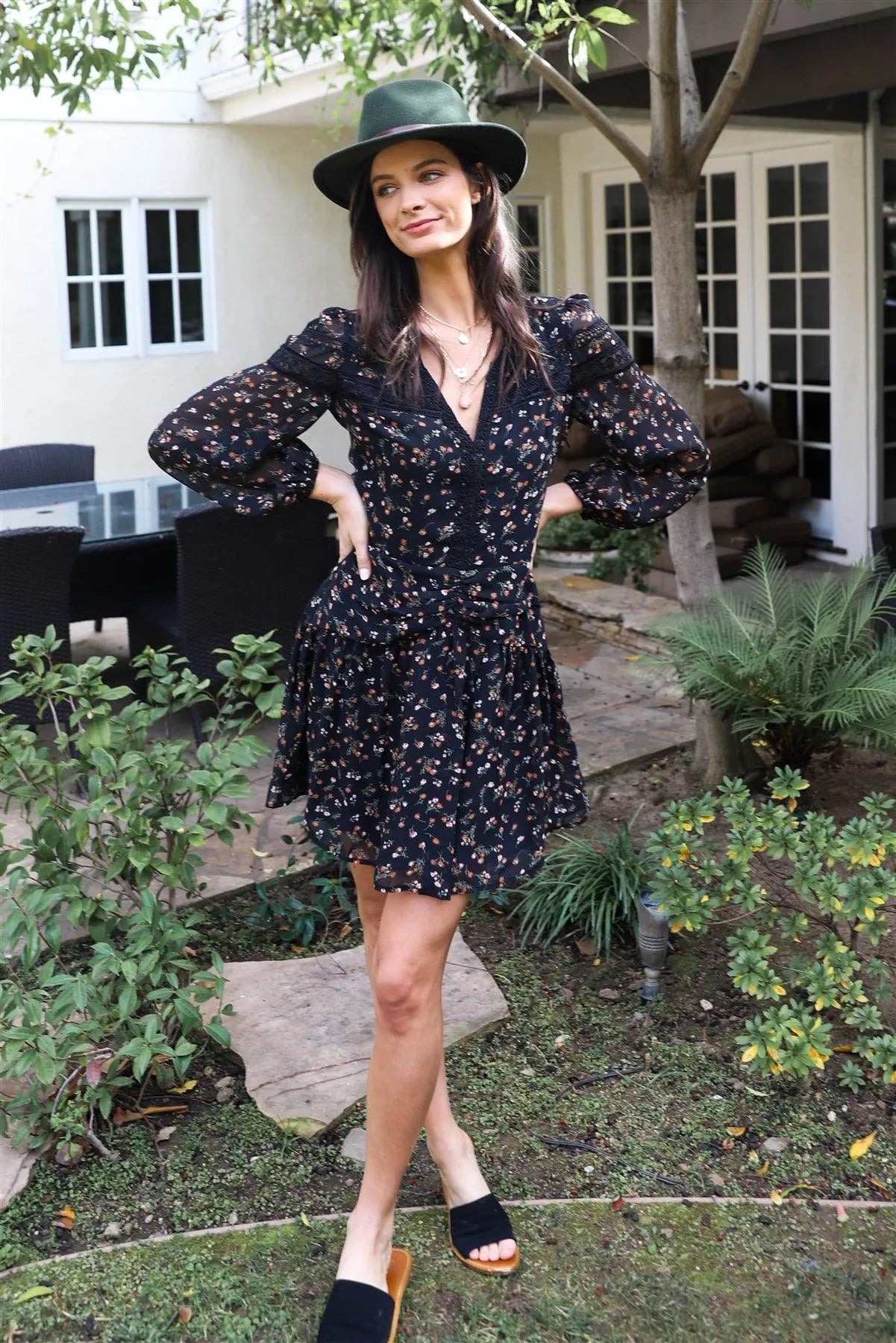 Black Floral Print Lace Trim Ruched Waist Details Mini Dress /2-2 - Tasha Apparel Wholesale