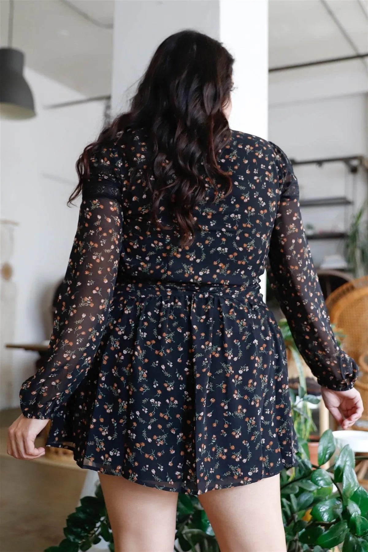 Junior Plus Black Floral Print Lace Trim Ruched Waist Details Mini Dress /3-3 - Tasha Apparel Wholesale