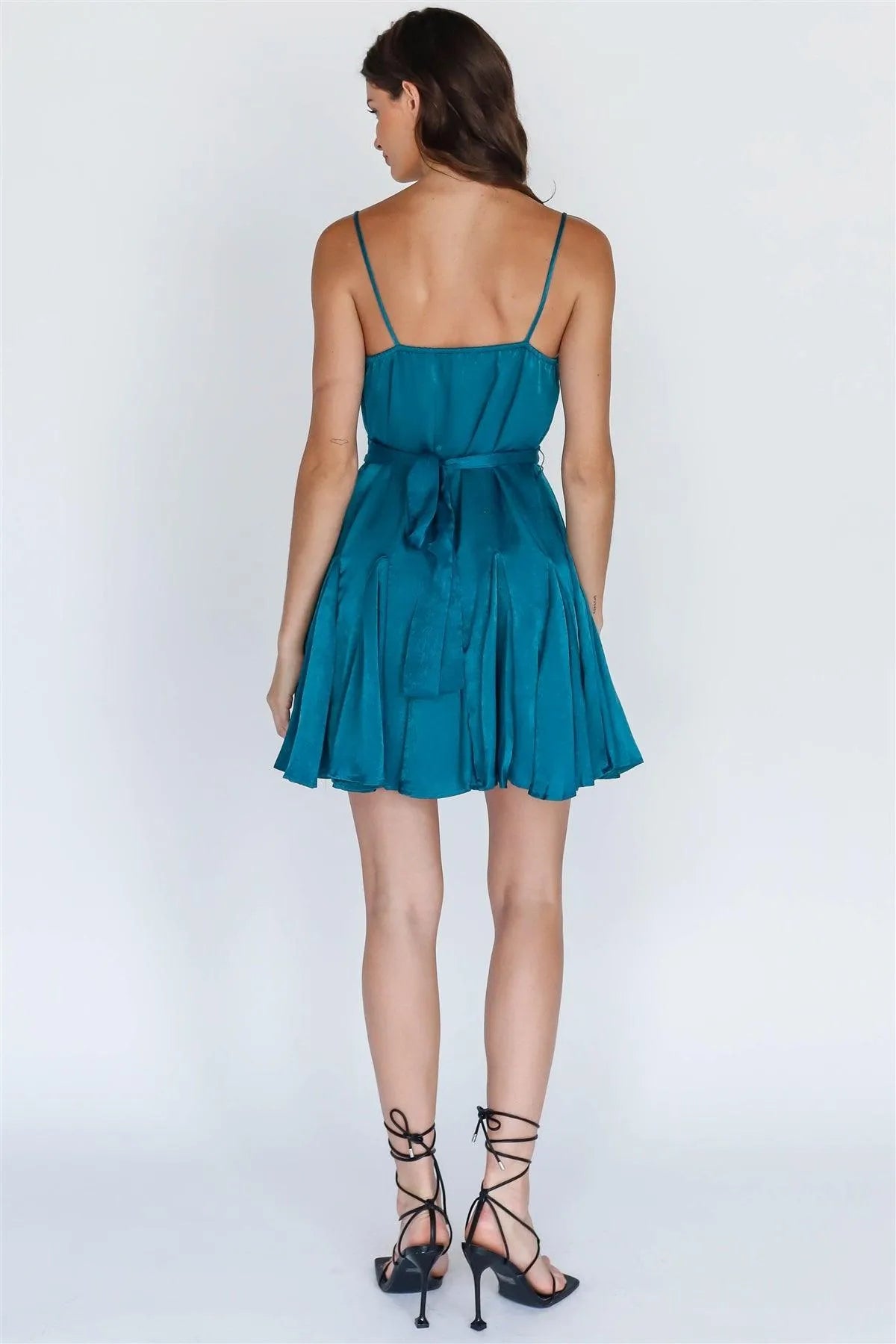 Teal Satin Effect Self-Tie Belt Flare Cowl Neck Mini Dress /1-2-2-1 - Tasha Apparel Wholesale