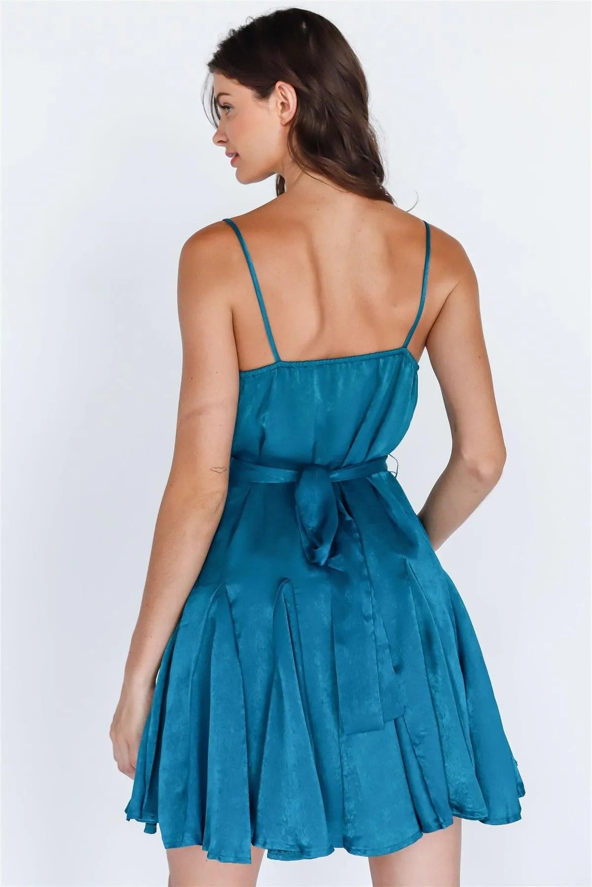 Teal Satin Effect Self-Tie Belt Flare Cowl Neck Mini Dress - Tasha Apparel Wholesale