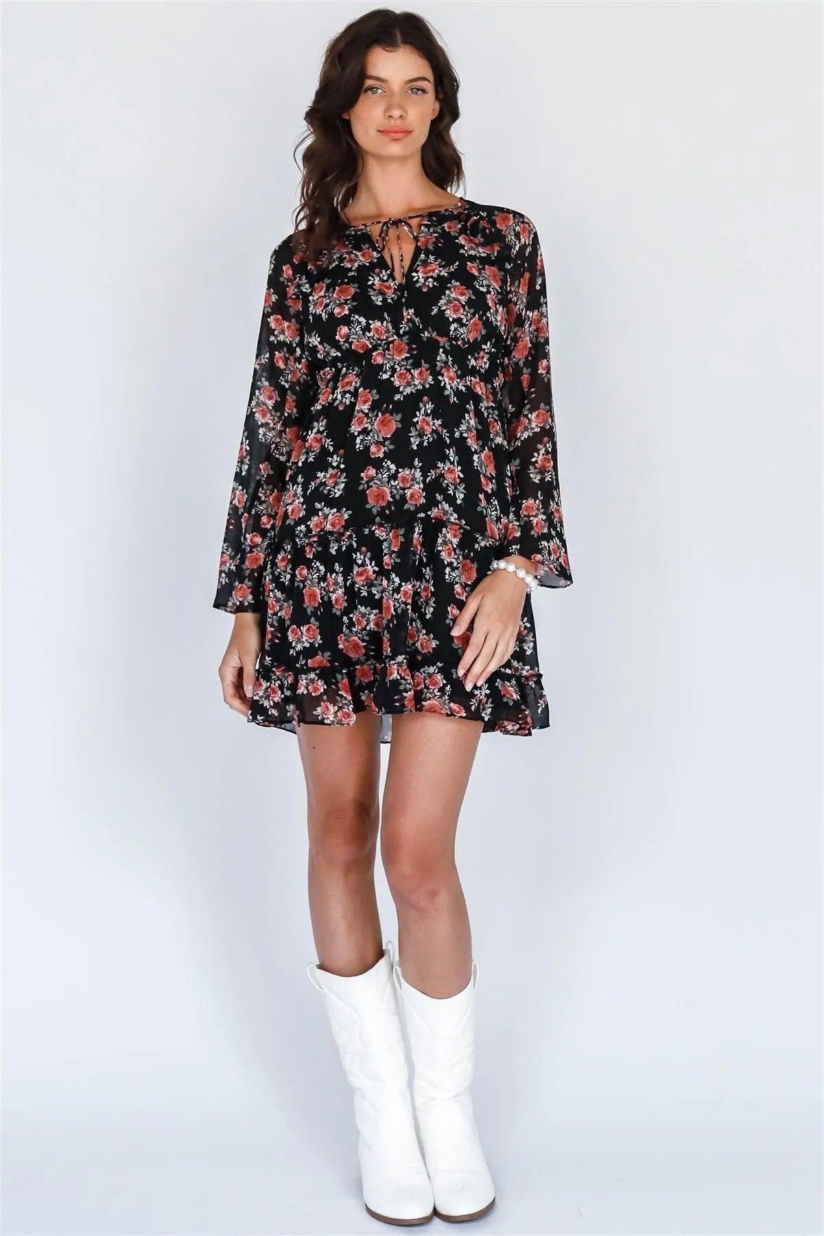Black Multi Floral Print Long Sleeve Mini Dress /1-3-2 - Tasha Apparel Wholesale