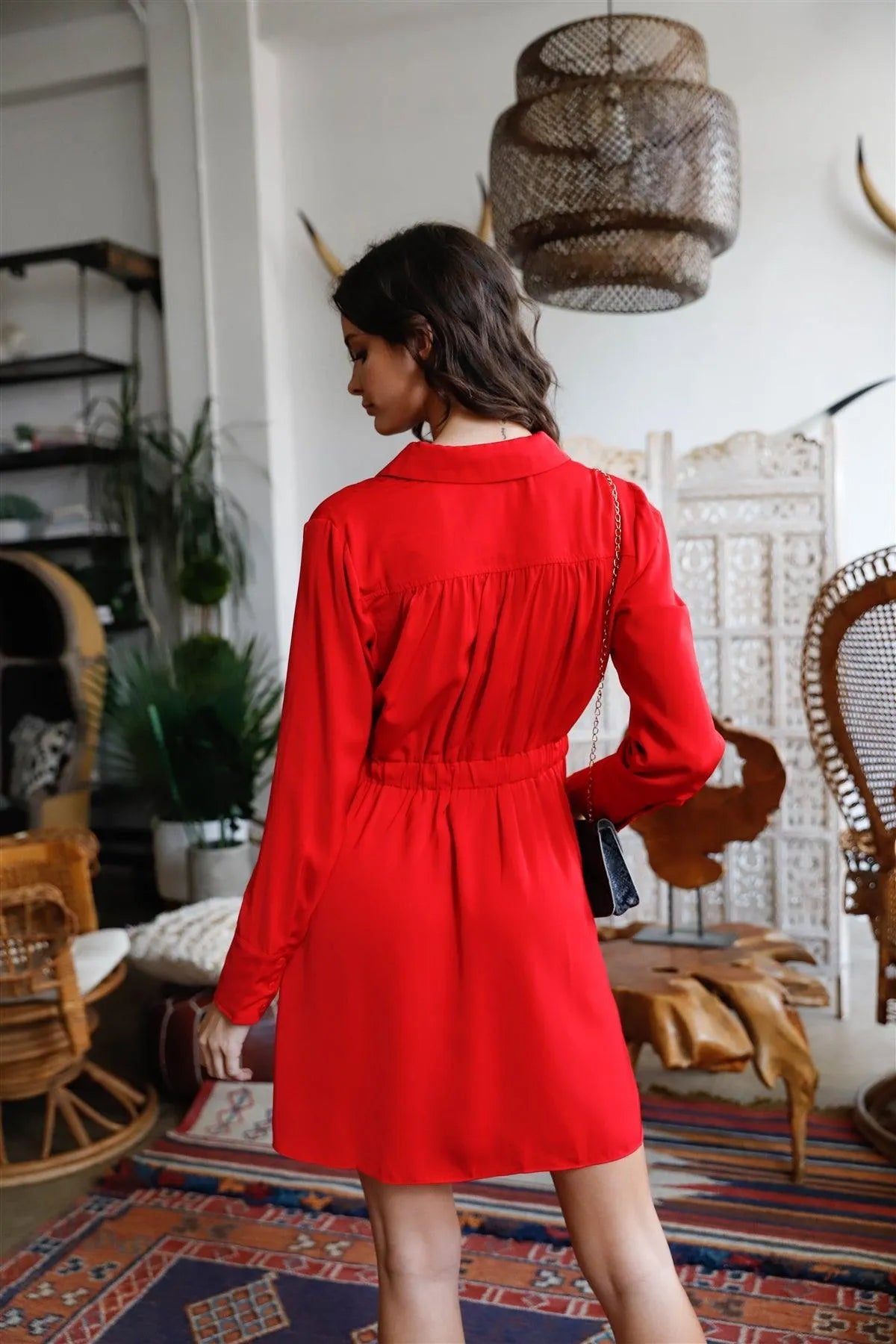 Red Collared Long Sleeve Pleated Mini Shirt Dress /1-2-2 - Tasha Apparel Wholesale