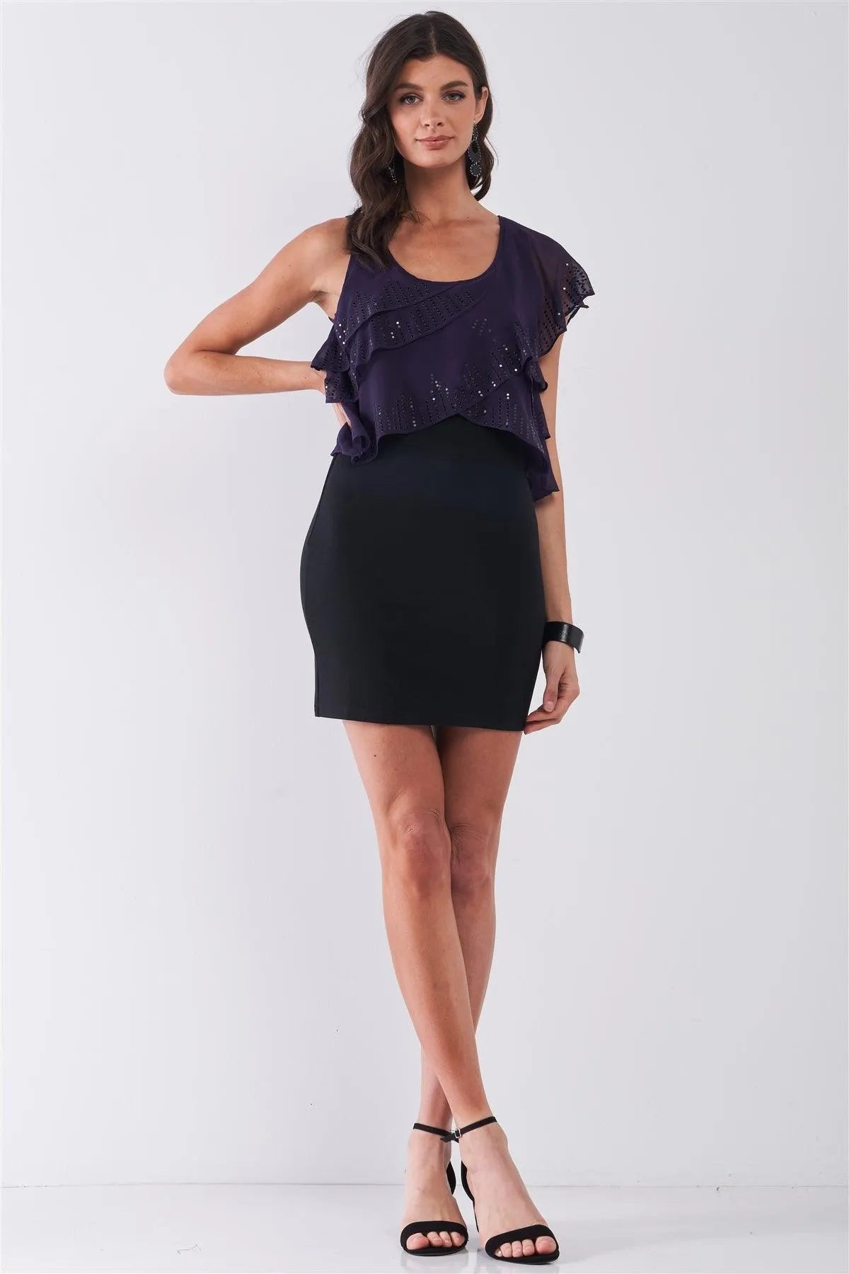 Black & Purple Sleeveless One-Shoulder Feather Layered Beaded Trim Tight Mini Dress /1-1-2-1 - Tasha Apparel Wholesale