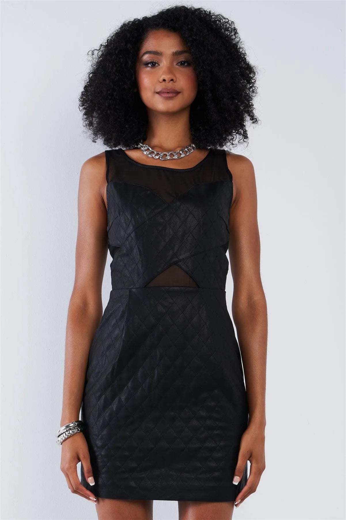 Black Quilted Vegan Leather Sweetheart Mesh Neckline Mini Dress /1-2-3 - Tasha Apparel Wholesale