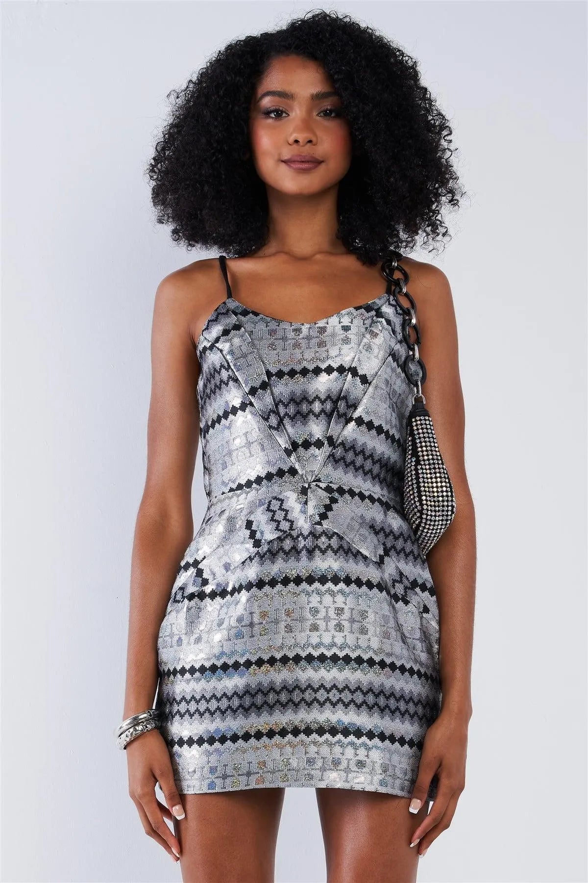 Silver Retro Multi-Colored Psychedelic Pattern Disco Mini Cocktail Dress /2-2-2 - Tasha Apparel Wholesale
