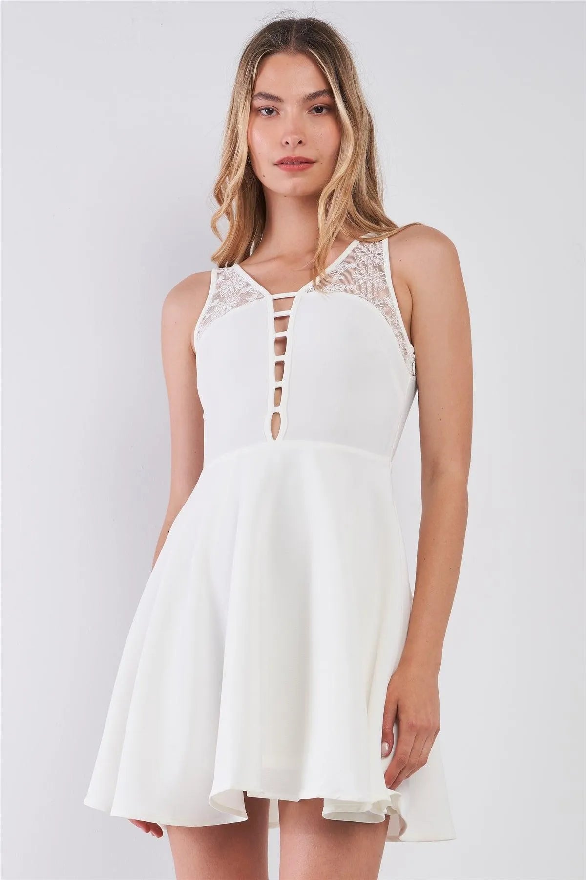 White V-Neck Sleeveless Front Horizontal Straps Lace Trim Back Cut-Out Mini Dress /1-3-2 - Tasha Apparel Wholesale