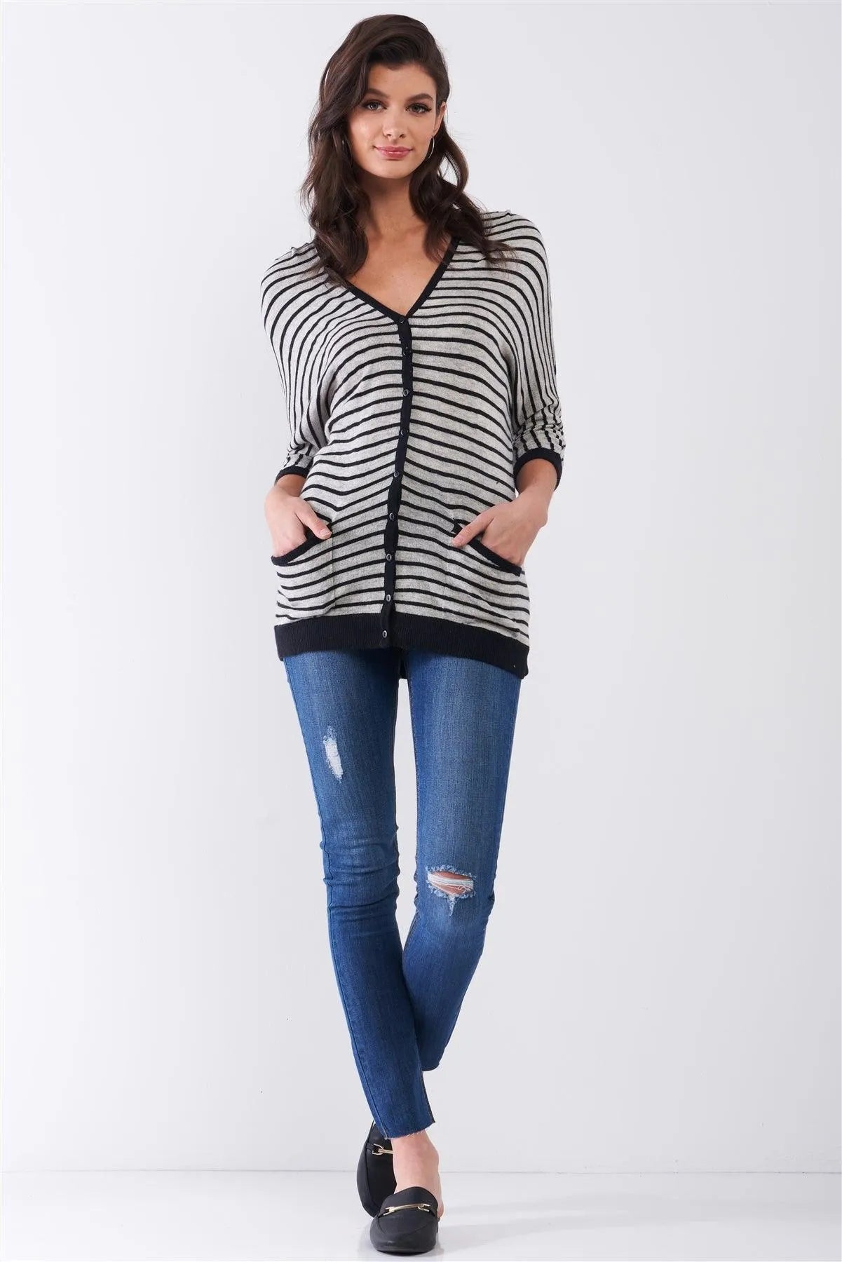 Grey Striped Button-Up Front Midi Sleeve Relaxed Cardigan Top /1-2-1 - Tasha Apparel Wholesale