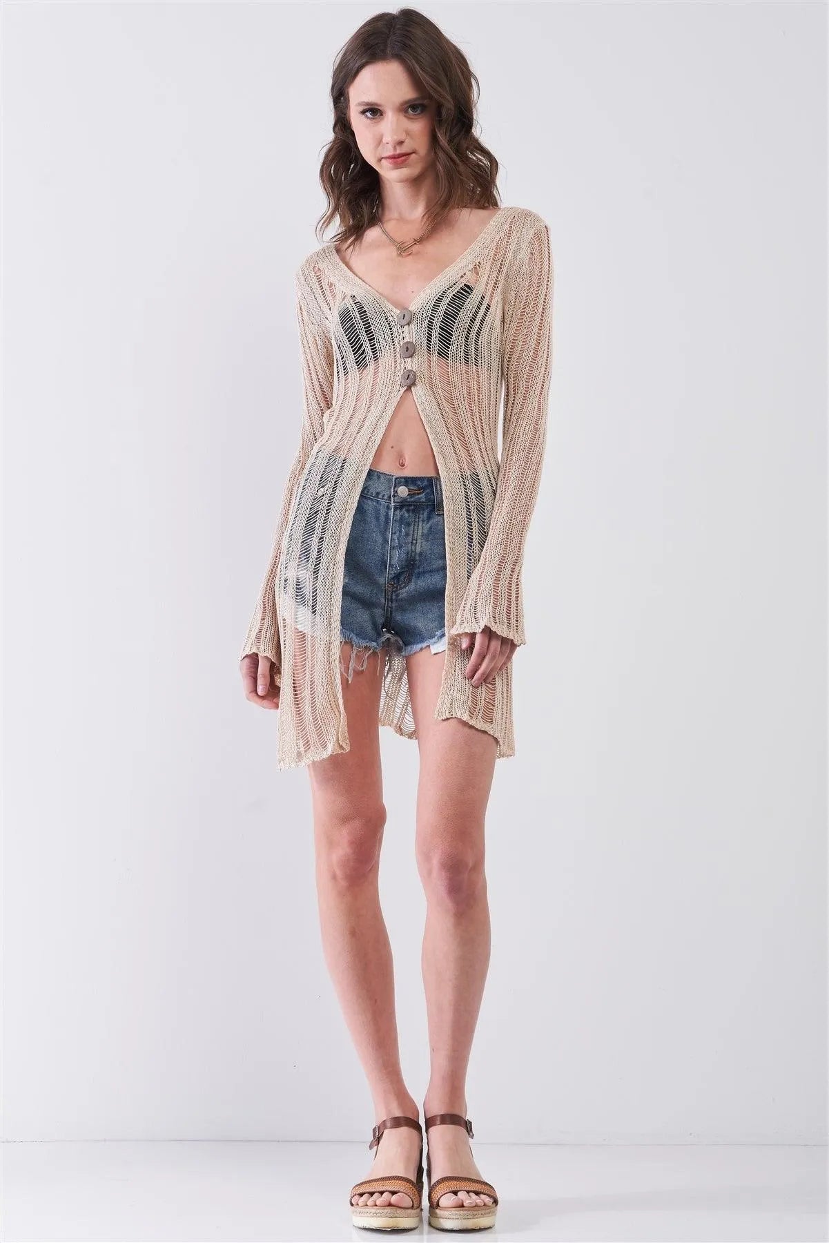 Birch Boho Long Sleeve Buttoned Front Macrame Knit Cardigan /3-3 - Tasha Apparel Wholesale