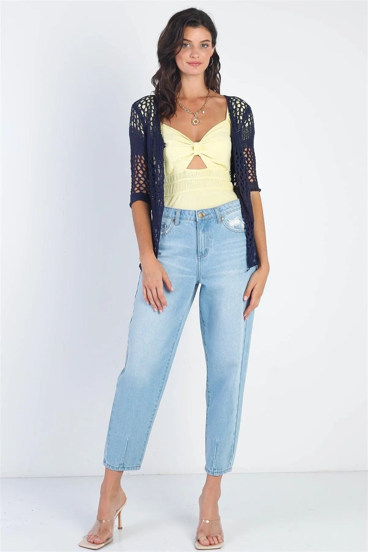 Deep Blue Crochet Knit Hook&Eye Closure Cover Up Top /3-3 - Tasha Apparel Wholesale