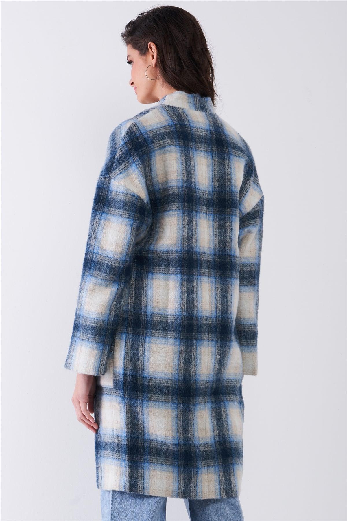 Blue Madras Check Plaid Open Front Long Sleeve Straight Wool Coat Jacket