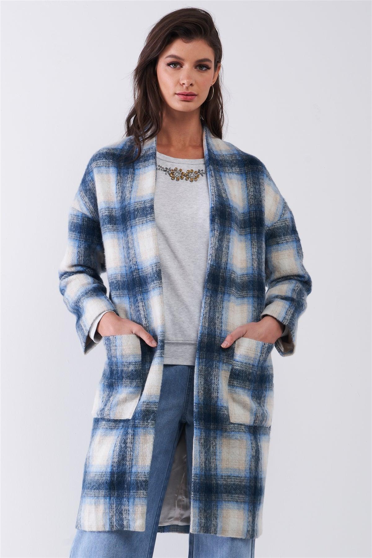 Blue Madras Check Plaid Open Front Long Sleeve Straight Wool Coat Jacket