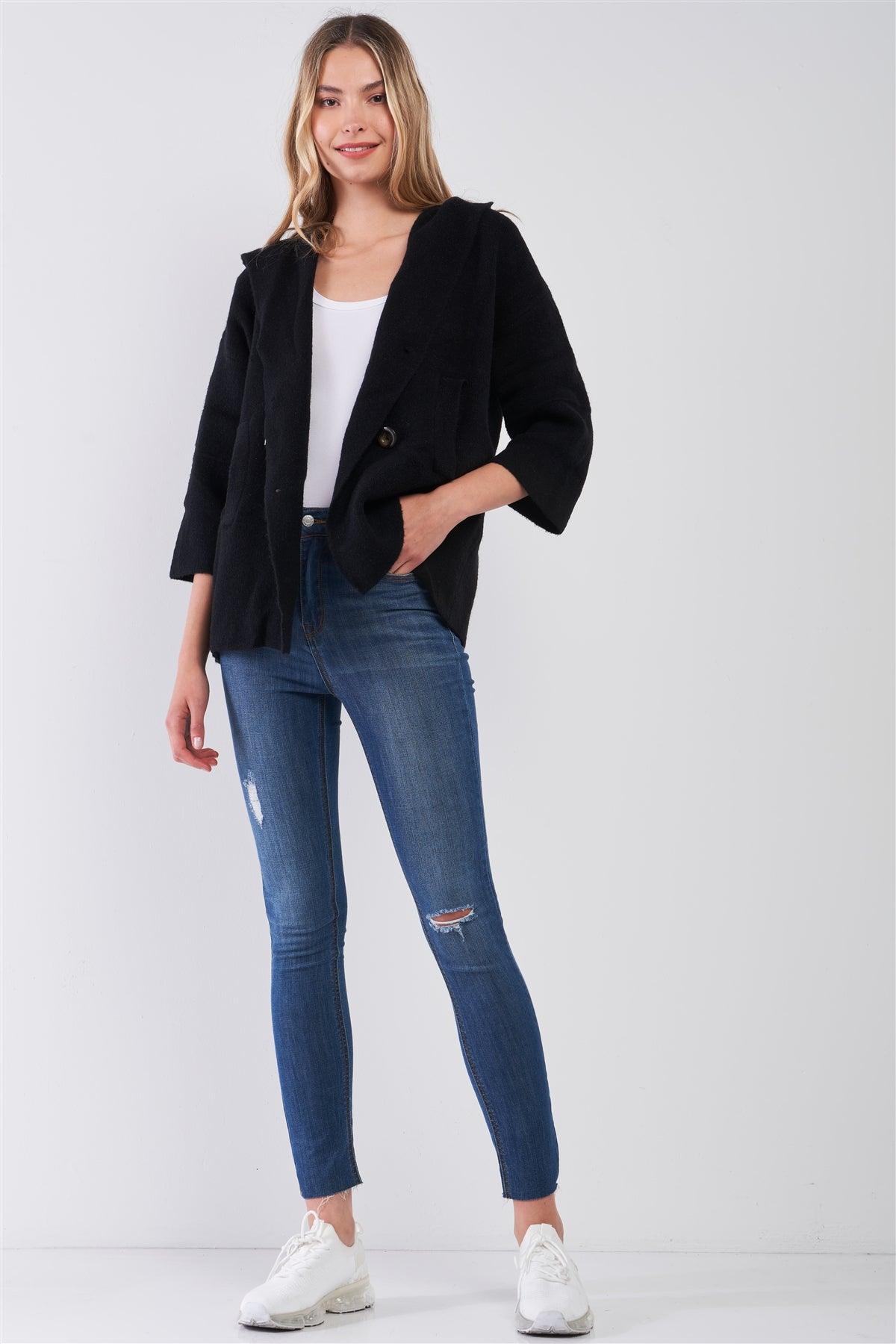 Black Knit Buttoned Front 3/4 Sleeve Hooded Cardigan